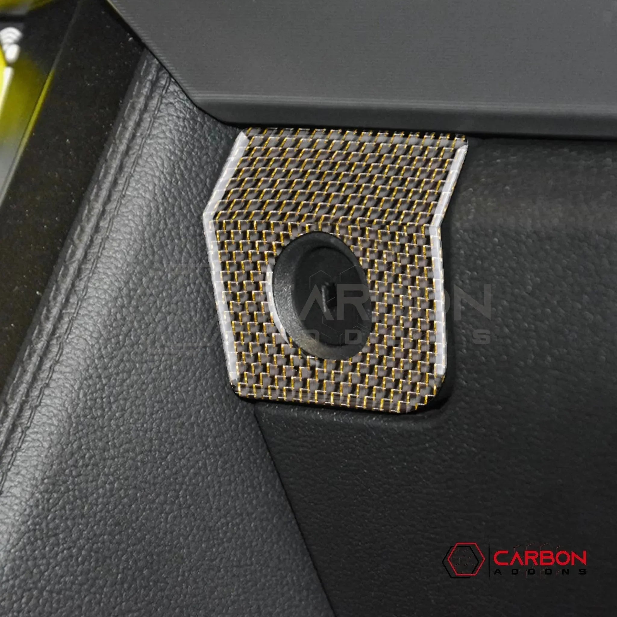 2015-2023 Mustang Reflective Carbon Fiber Glove Box Lock Trim Overlay - carbonaddons Carbon Fiber Parts, Accessories, Upgrades, Mods