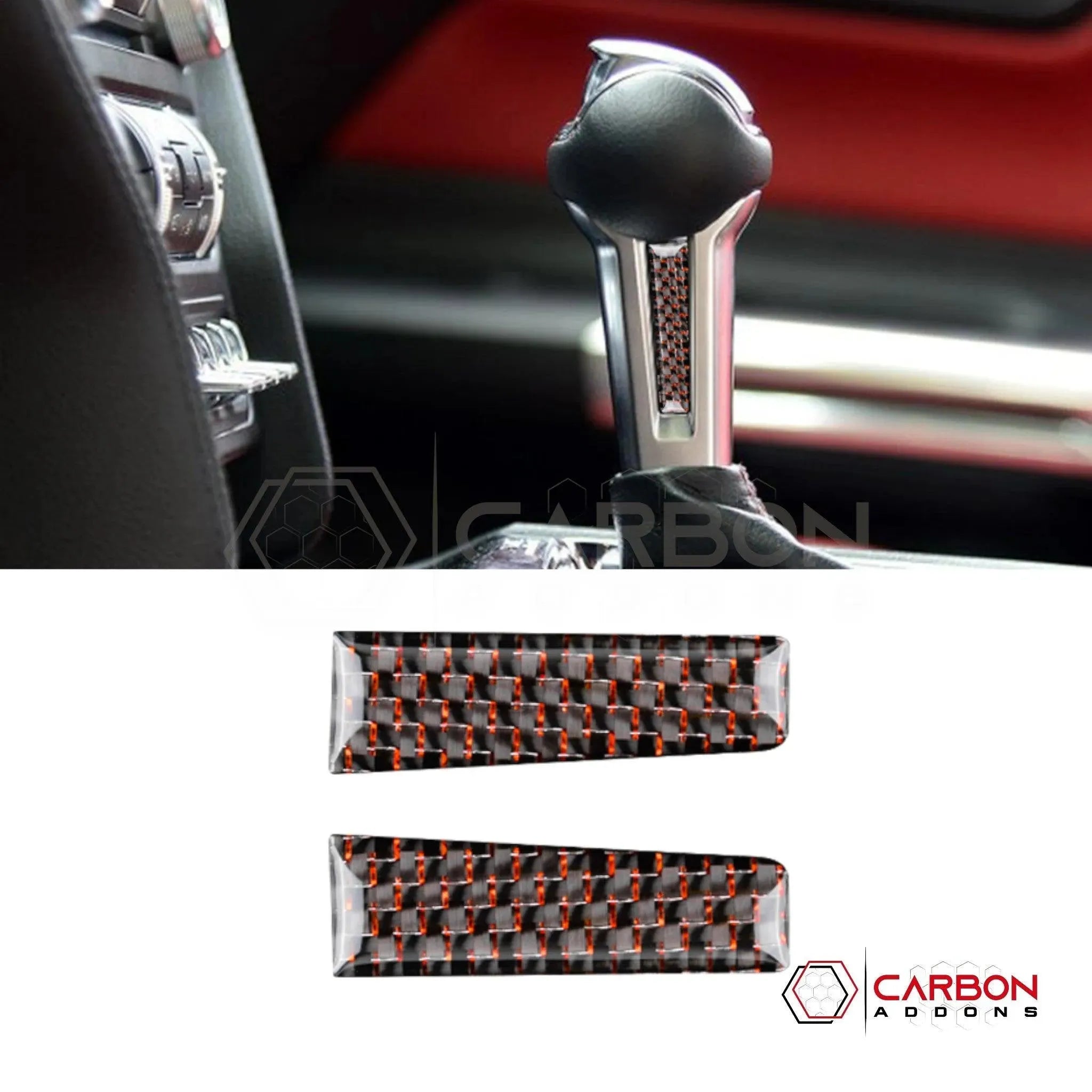 2015-2023 Mustang Reflective Carbon Fiber Shift Knob Side Trim Overlay - carbonaddons Carbon Fiber Parts, Accessories, Upgrades, Mods