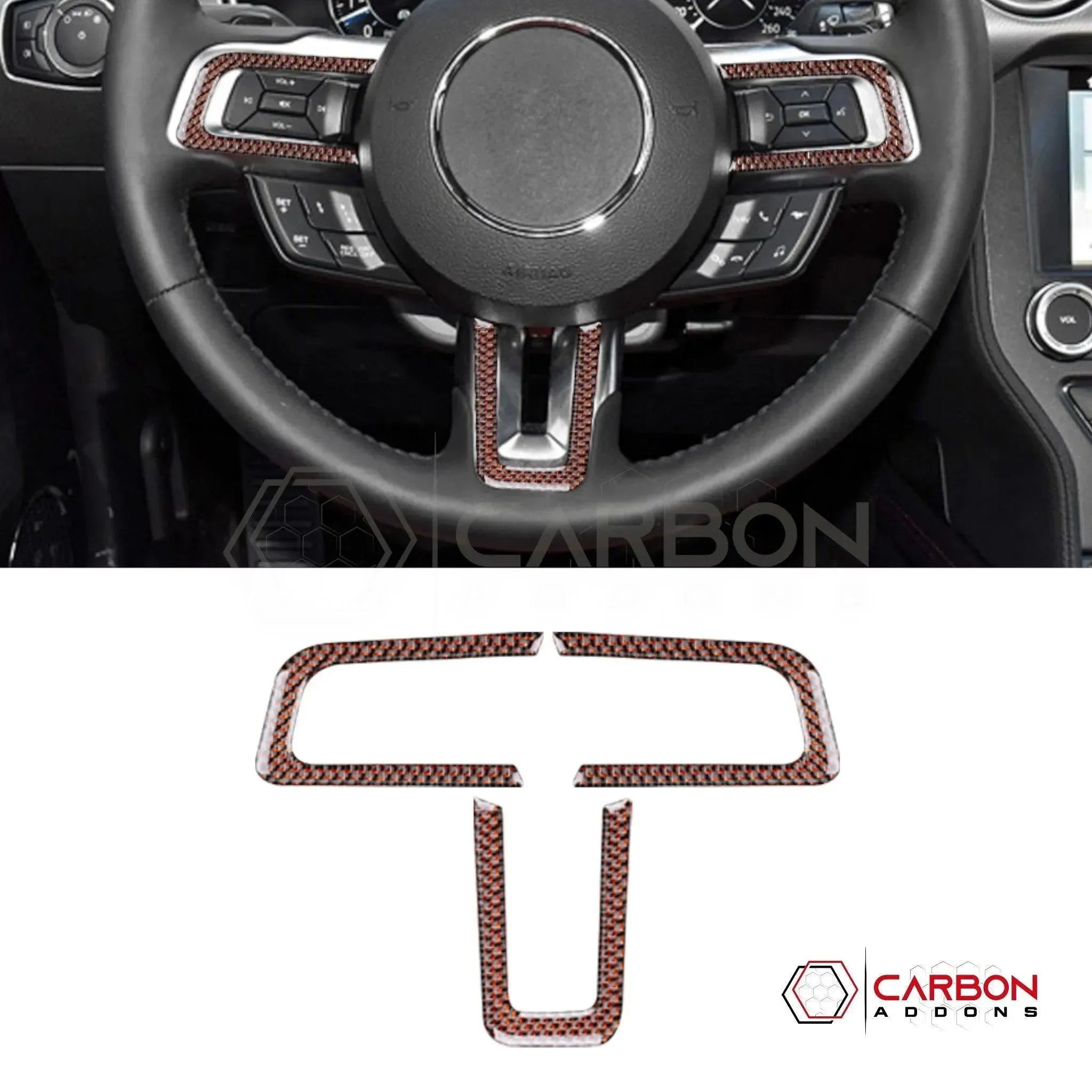2015-2023 Mustang Reflective Carbon Fiber Steering Wheel Chrome Trim Overlay - carbonaddons Carbon Fiber Parts, Accessories, Upgrades, Mods