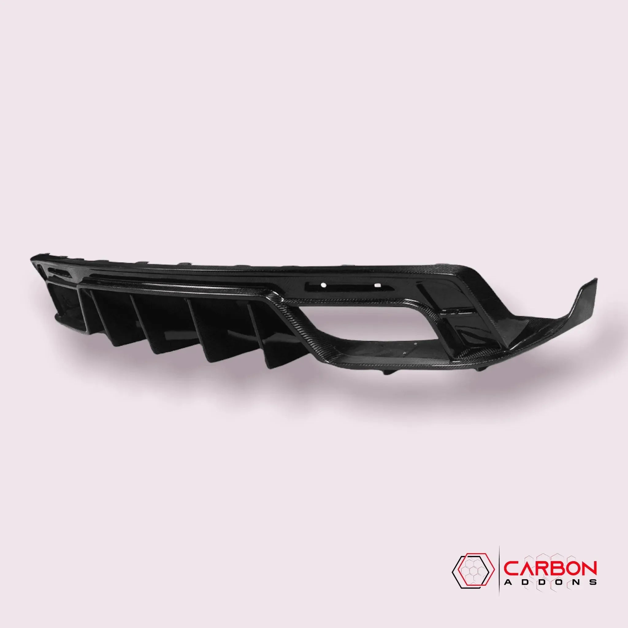 Real carbon fiber front splitter for American muscle cars, featuring glossy weave and aerodynamic design