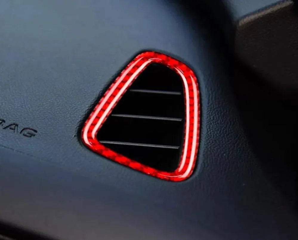 Red carbon fiber air vent trim for American muscle cars like Mustang, Camaro, Charger