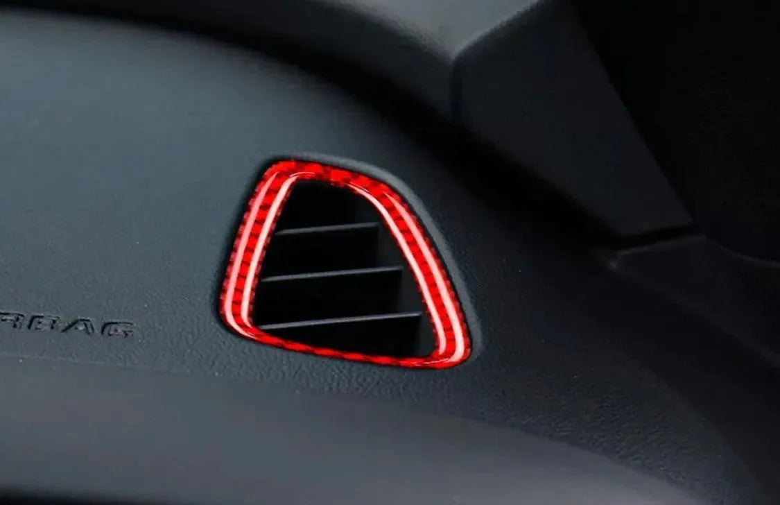 Red carbon fiber air vent trim for American vehicles like Mustang or Camaro