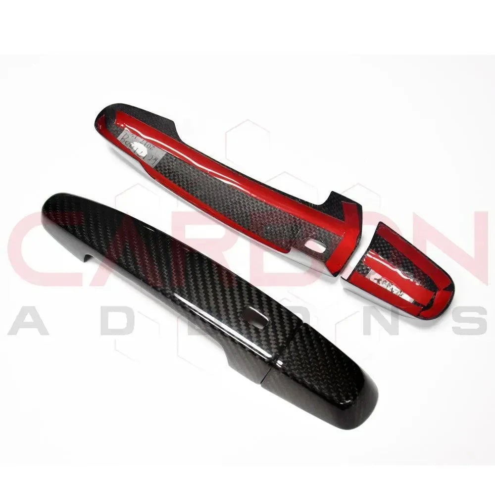 Real carbon fiber door handle covers with red accent for American muscle cars