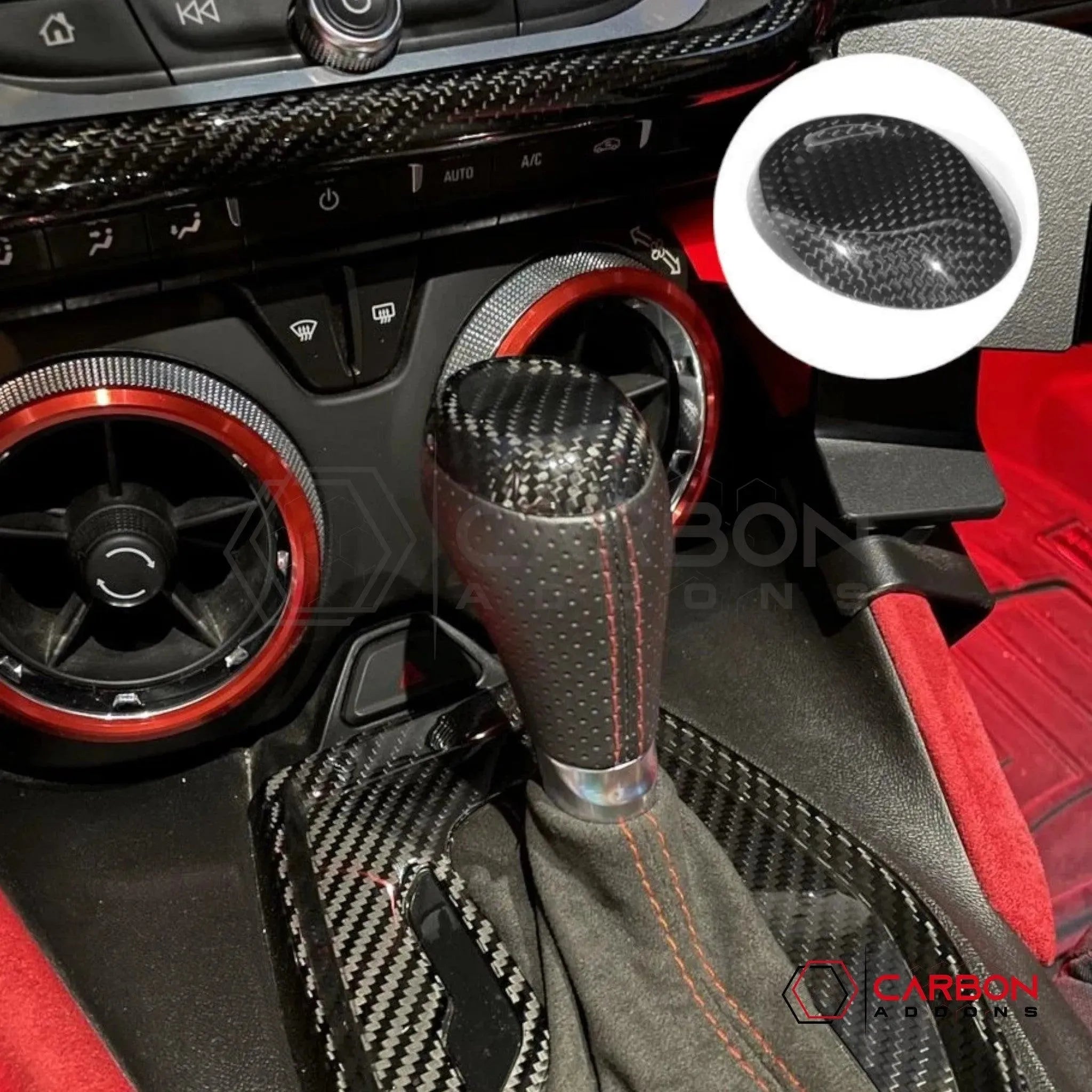 2016-2024 Camaro Carbon Fiber Shift Knob Top Chrome Delete Cover - carbonaddons Carbon Fiber Parts, Accessories, Upgrades, Mods