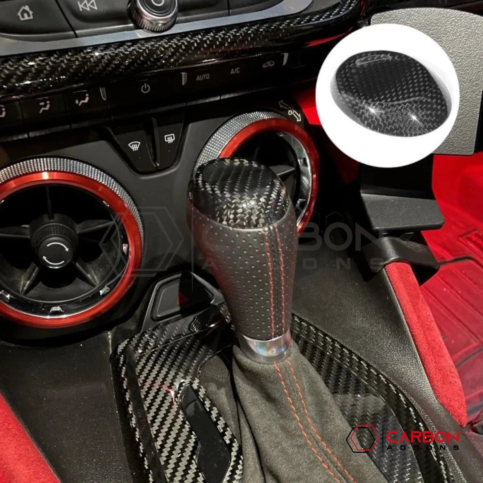 2016-2024 Camaro Carbon Fiber Shift Knob Top Chrome Delete Cover - carbonaddons Carbon Fiber Parts, Accessories, Upgrades, Mods
