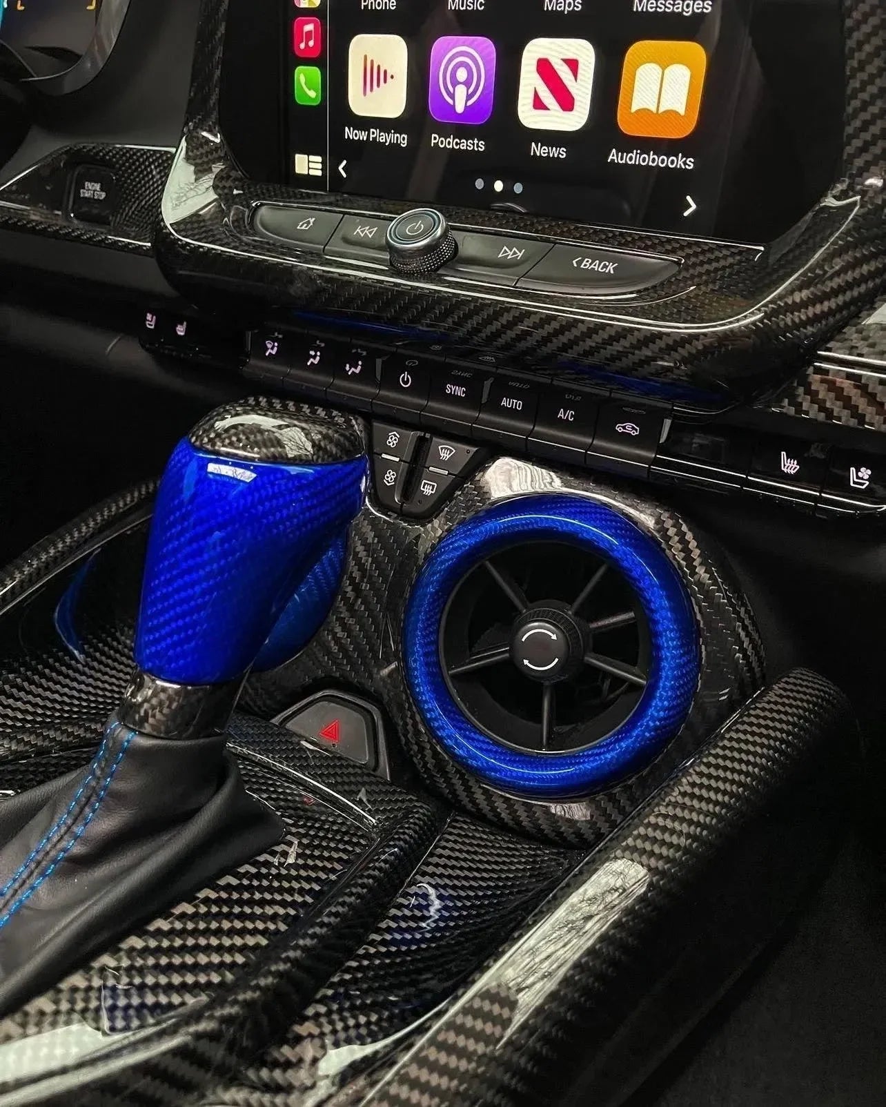 Blue carbon fiber gear shift and AC vent trim for car interior customization