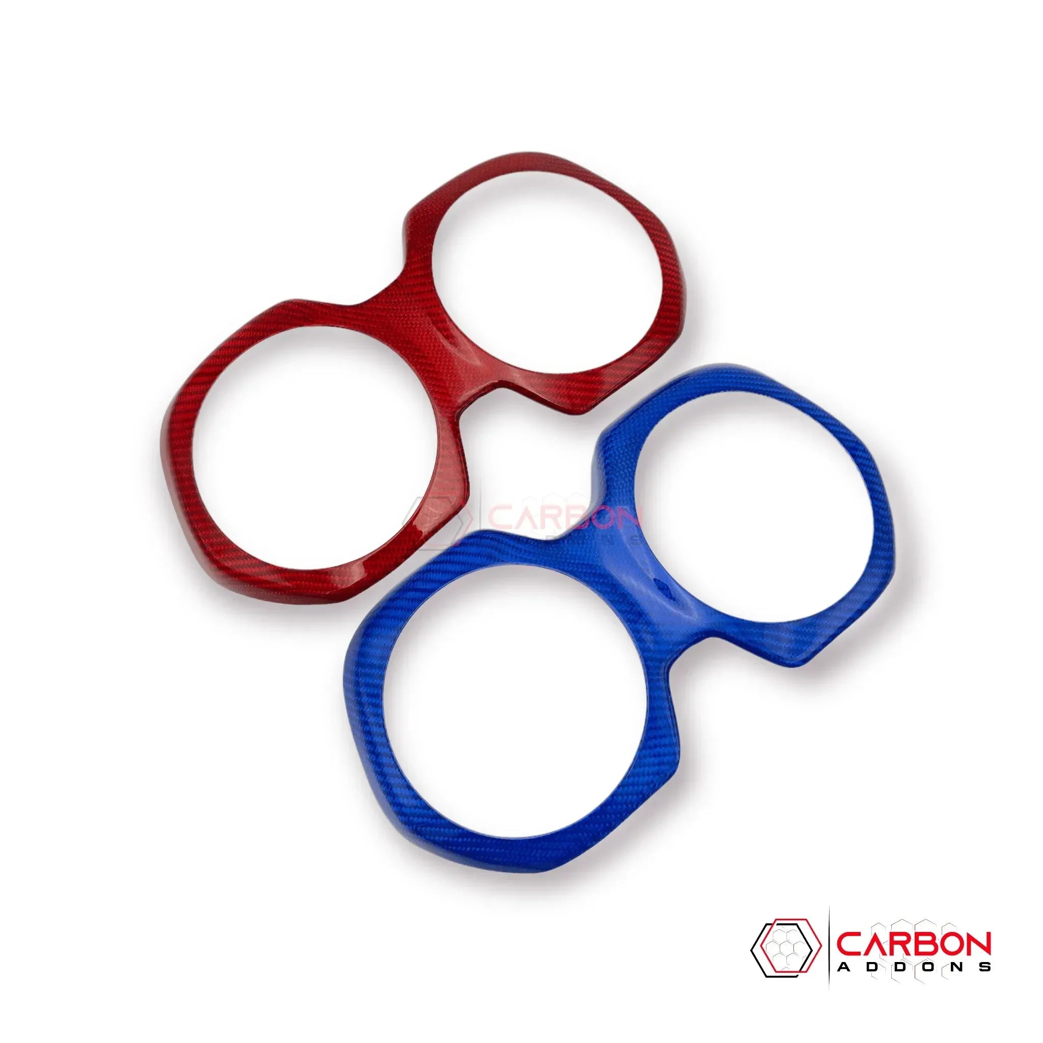 Red and blue carbon fiber air vent trim rings for American muscle cars