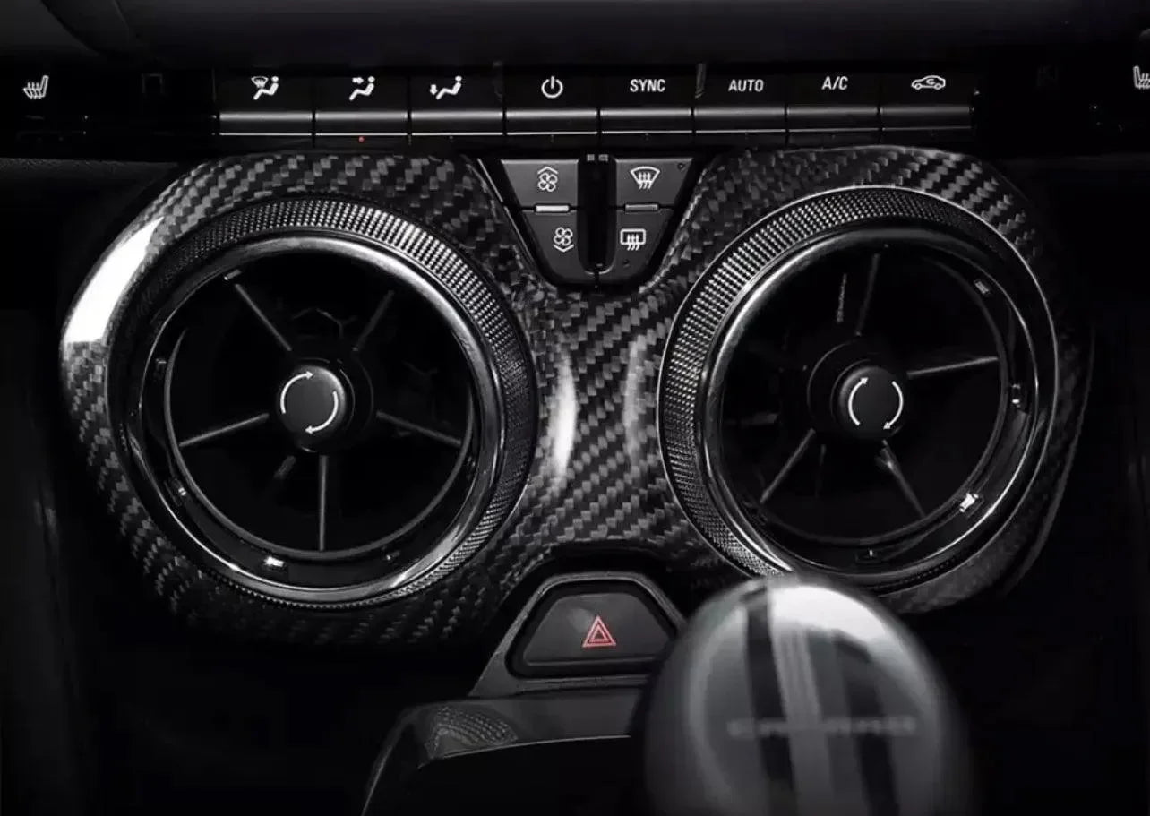 Real carbon fiber interior trim for Ford Mustang, featuring sleek air vents and premium dashboard accents