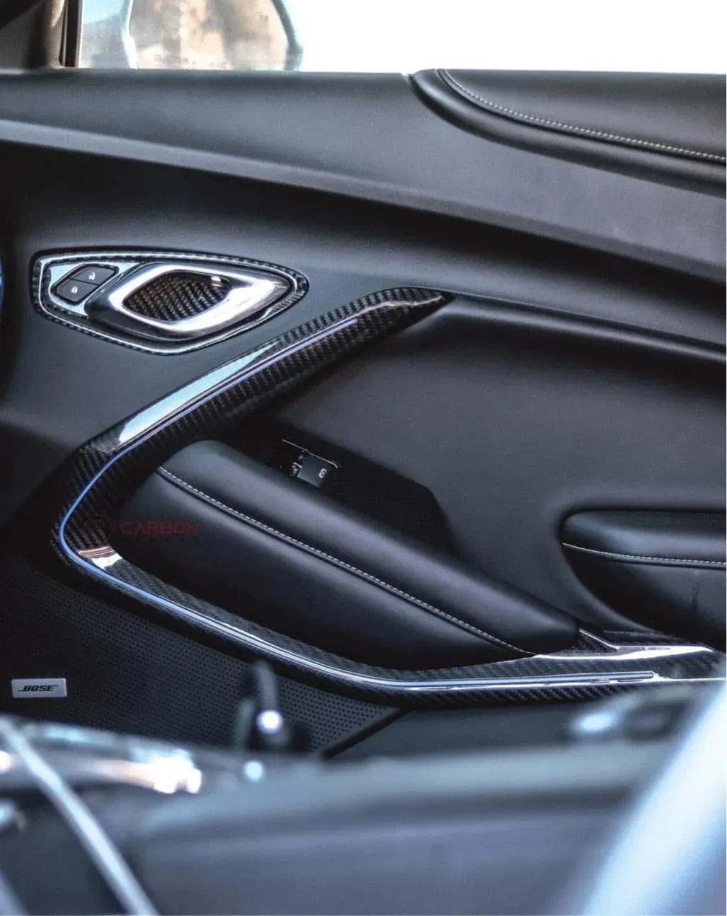 2016-2024 Camaro Real Carbon Fiber Interior Door Panel Chrome Trim Cover - carbonaddons Carbon Fiber Parts, Accessories, Upgrades, Mods