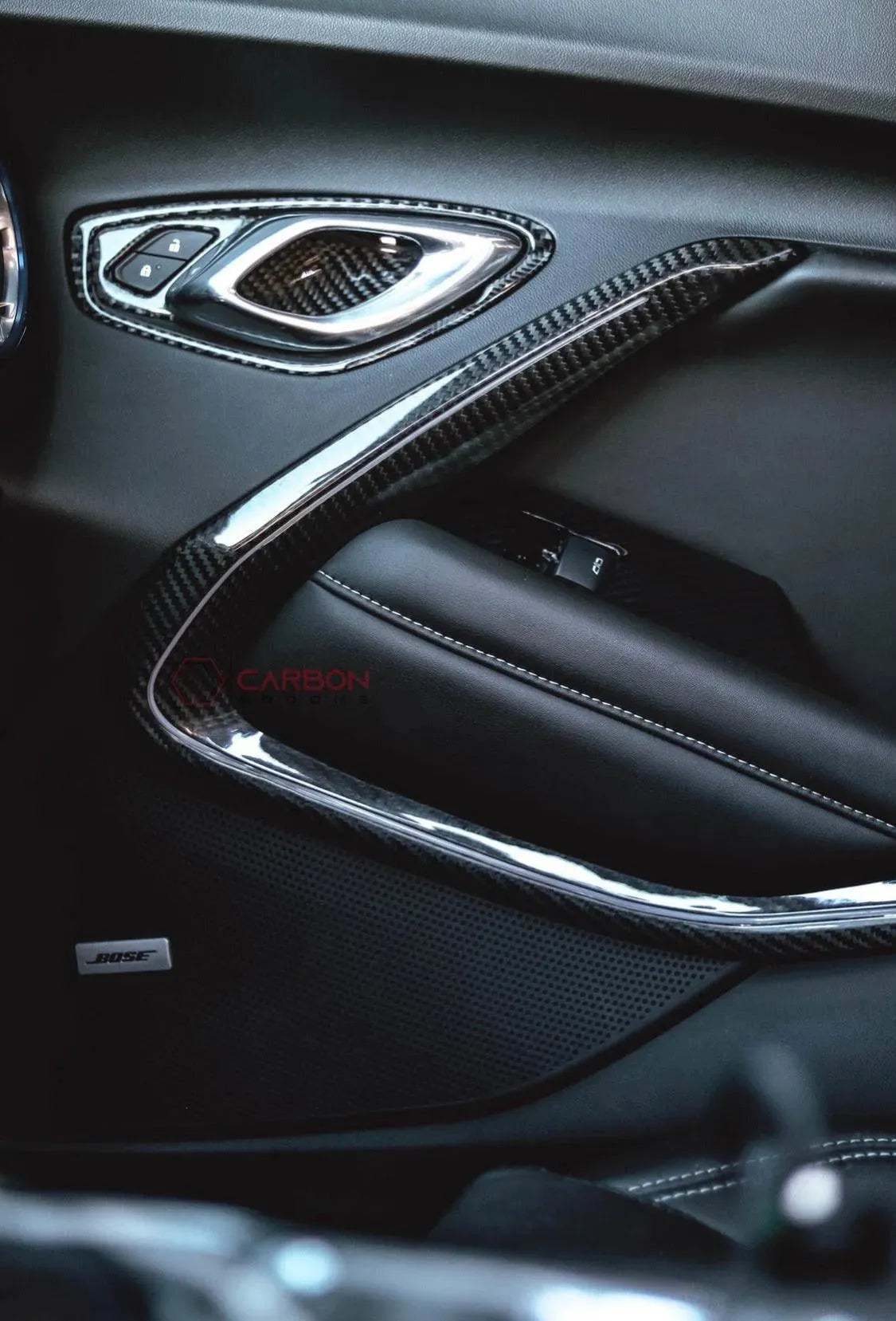 2016-2024 Camaro Real Carbon Fiber Interior Door Panel Chrome Trim Cover - carbonaddons Carbon Fiber Parts, Accessories, Upgrades, Mods