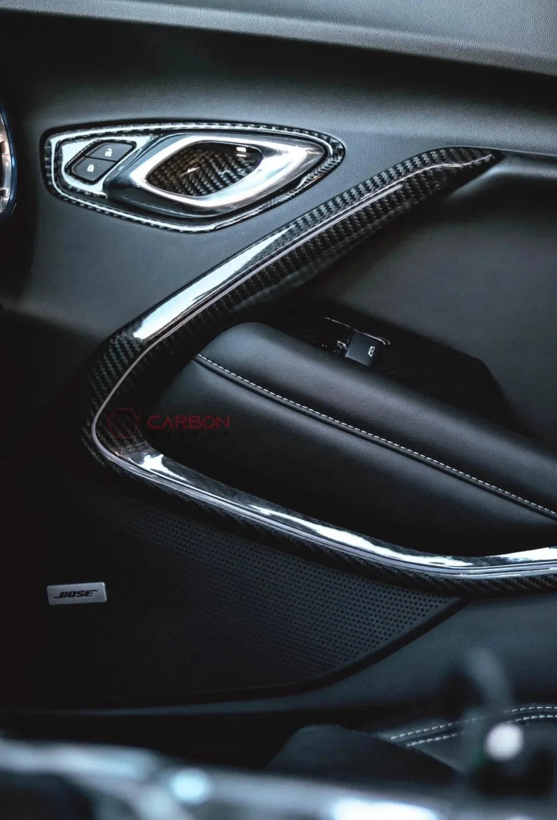 2016-2024 Camaro Real Carbon Fiber Interior Door Panel Chrome Trim Cover - carbonaddons Carbon Fiber Parts, Accessories, Upgrades, Mods