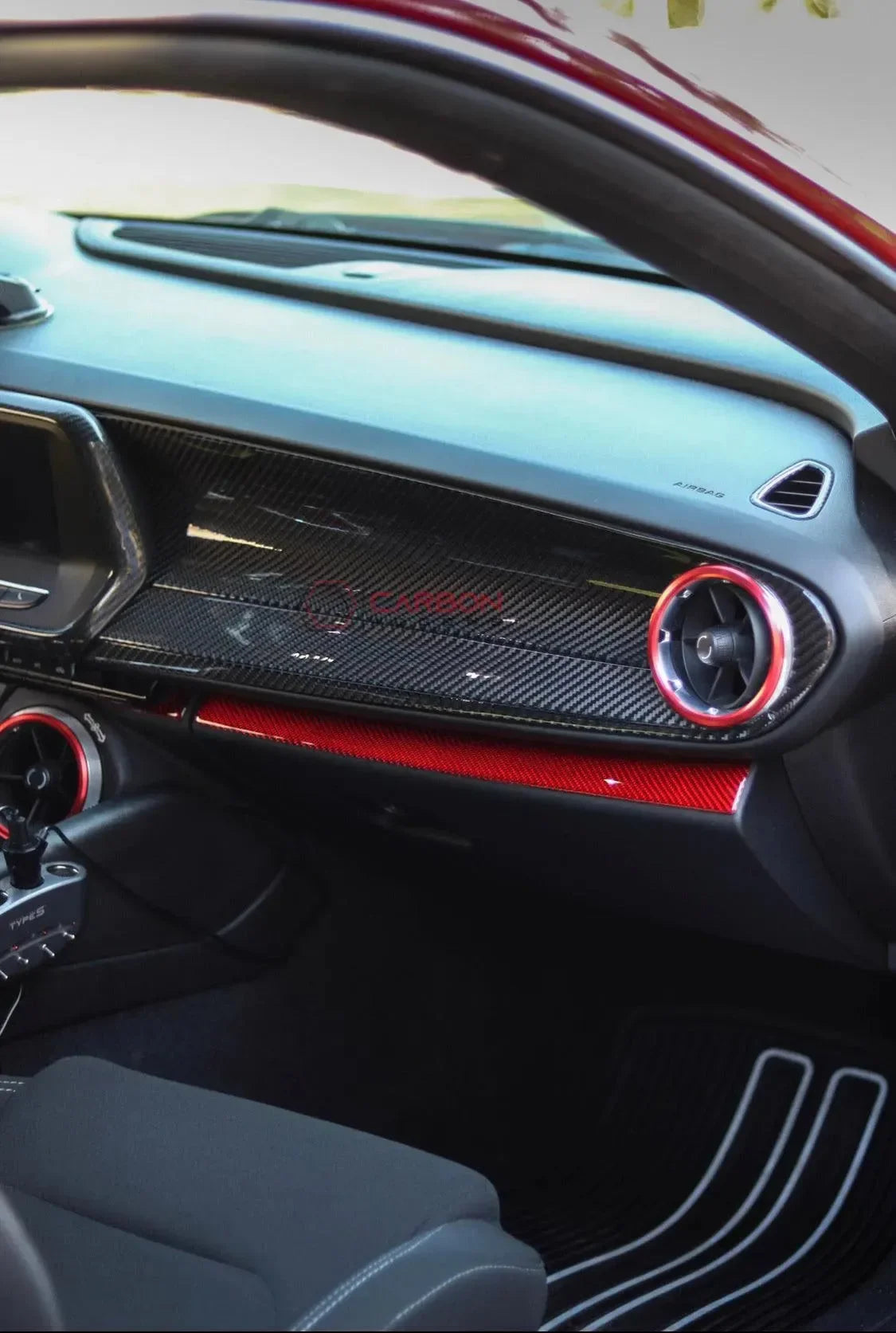 Real carbon fiber dashboard trim with red accents for American muscle cars