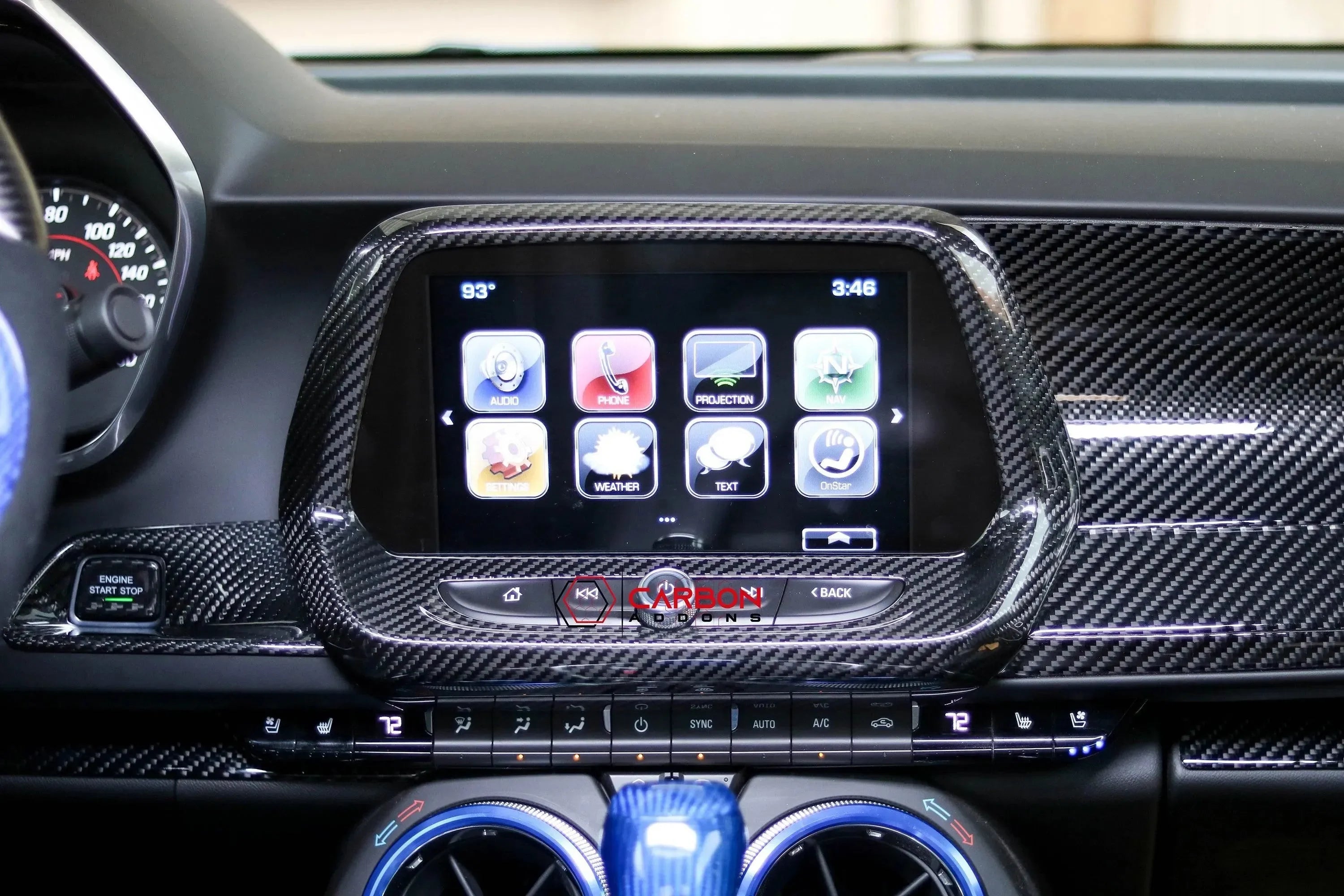 Carbon fiber dashboard trim with touchscreen display for American muscle cars like Mustang or Camaro