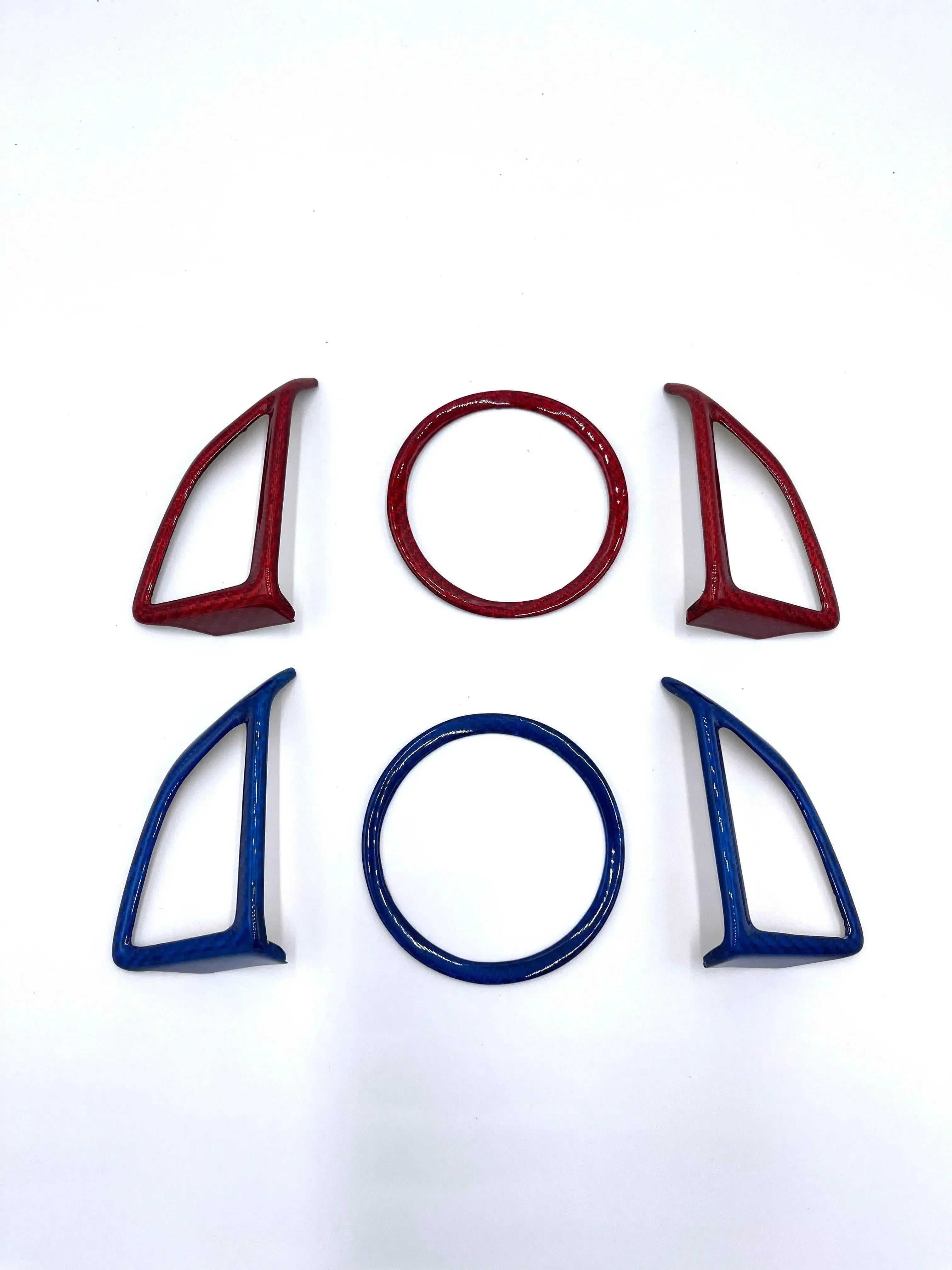 Red and blue carbon fiber car interior trim pieces for American vehicles