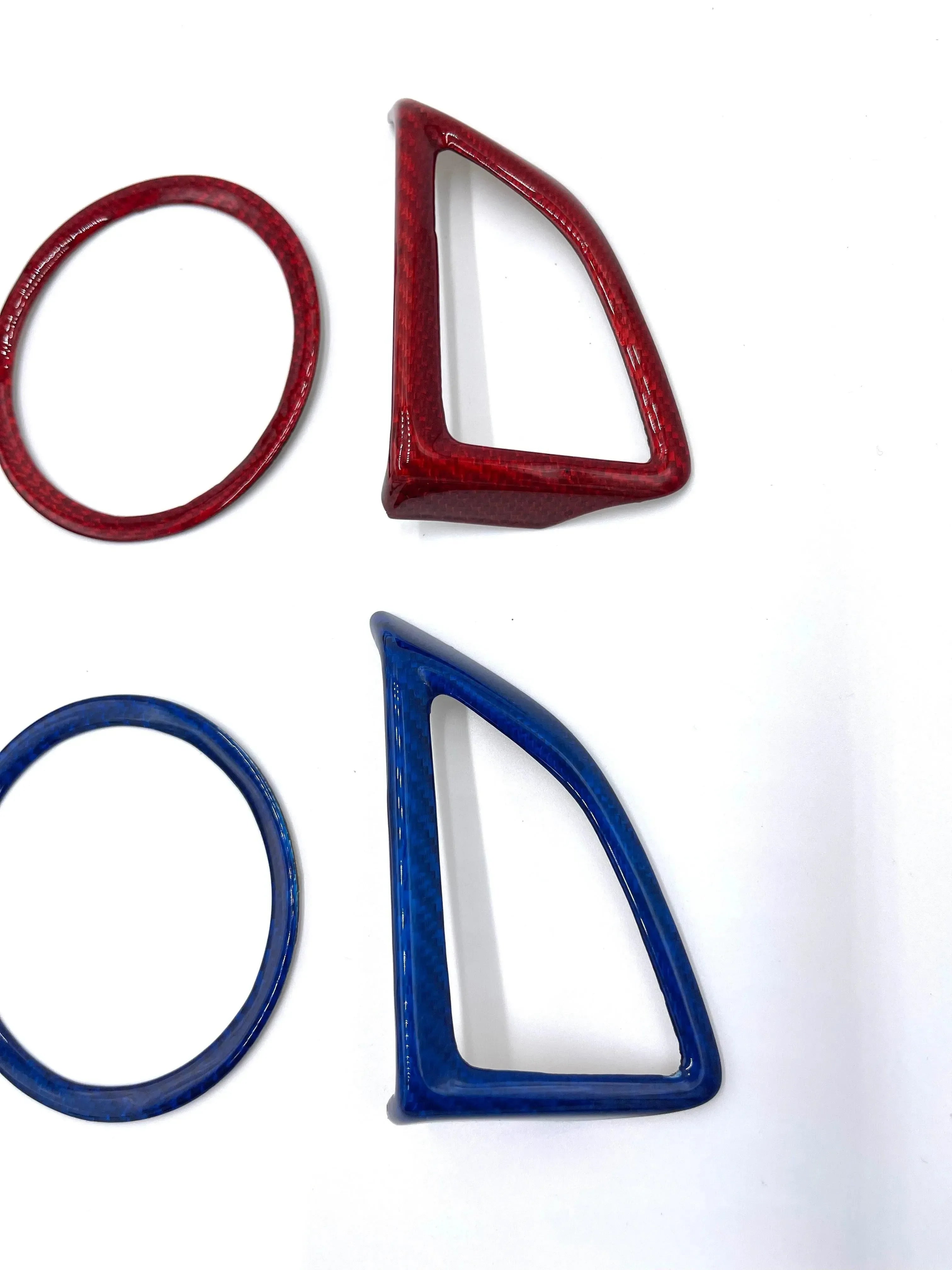 Red and blue carbon fiber automotive trim rings and accents for American vehicles