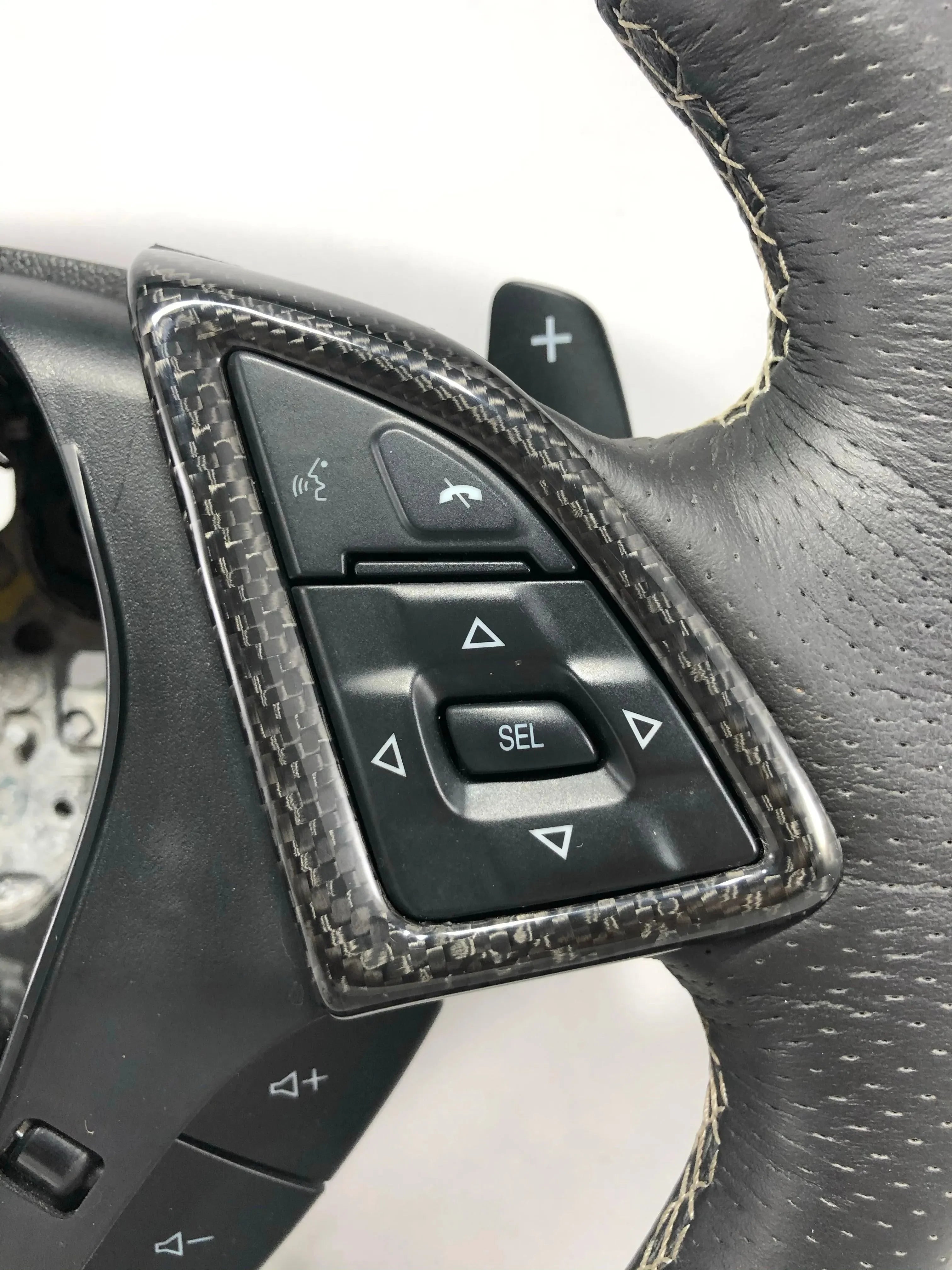 Carbon fiber steering wheel controls with SEL button for American vehicles