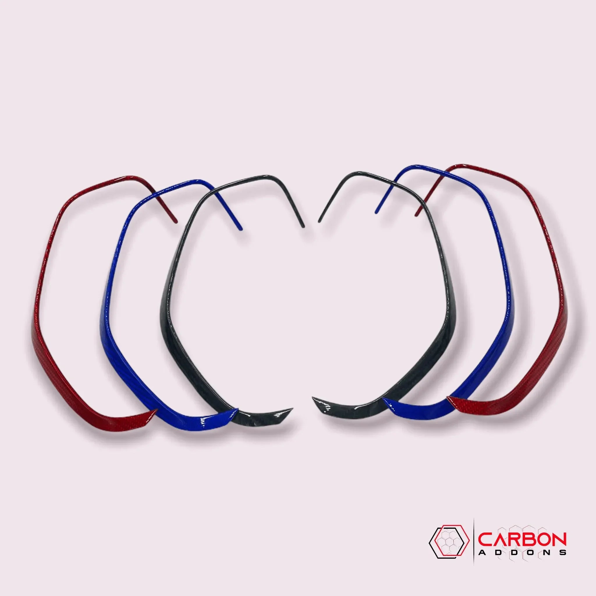 Real carbon fiber trim pieces in red, blue, and black for American muscle cars and trucks