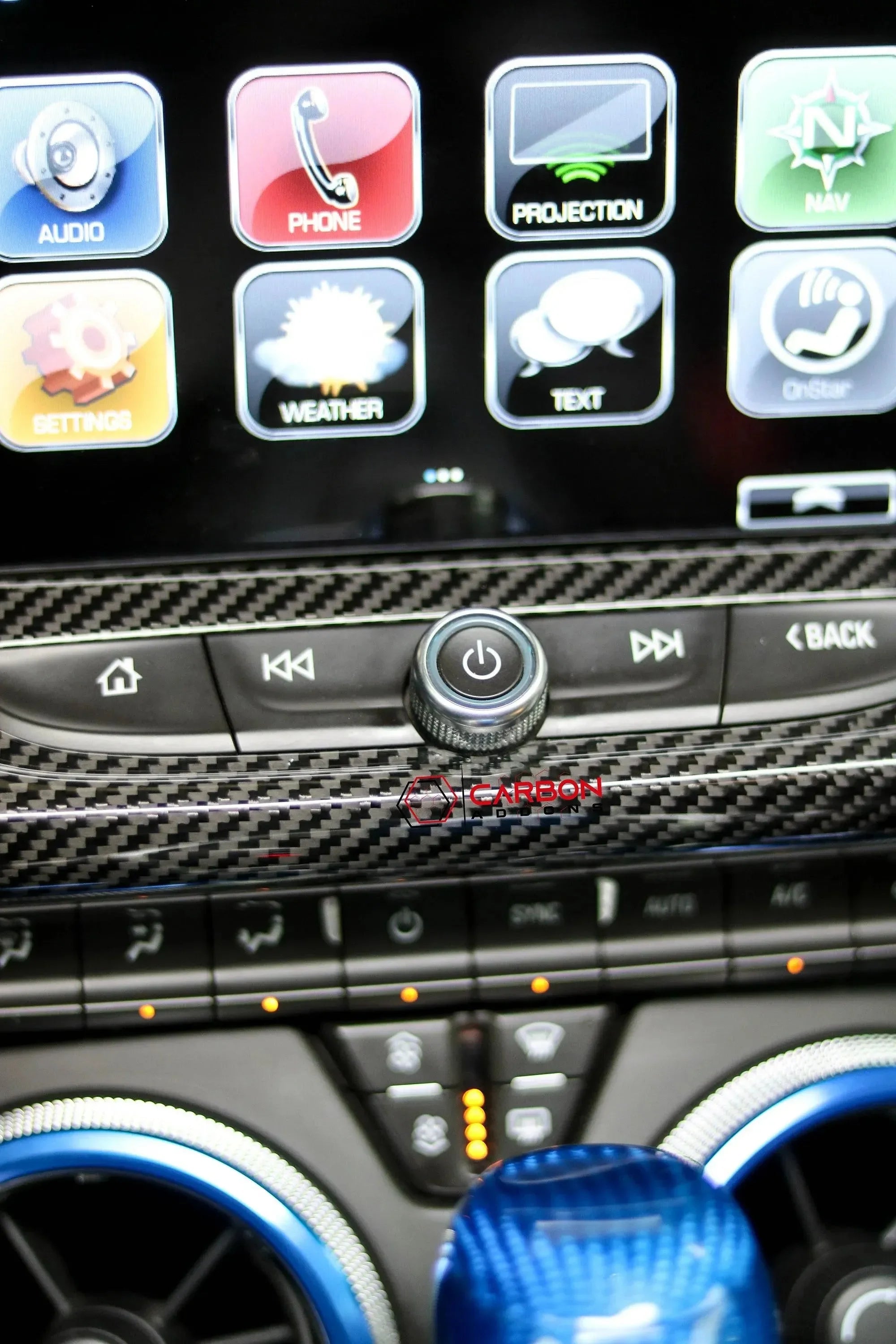 Carbon fiber dashboard trim with blue accents, real carbon fiber interior upgrade for American vehicles
