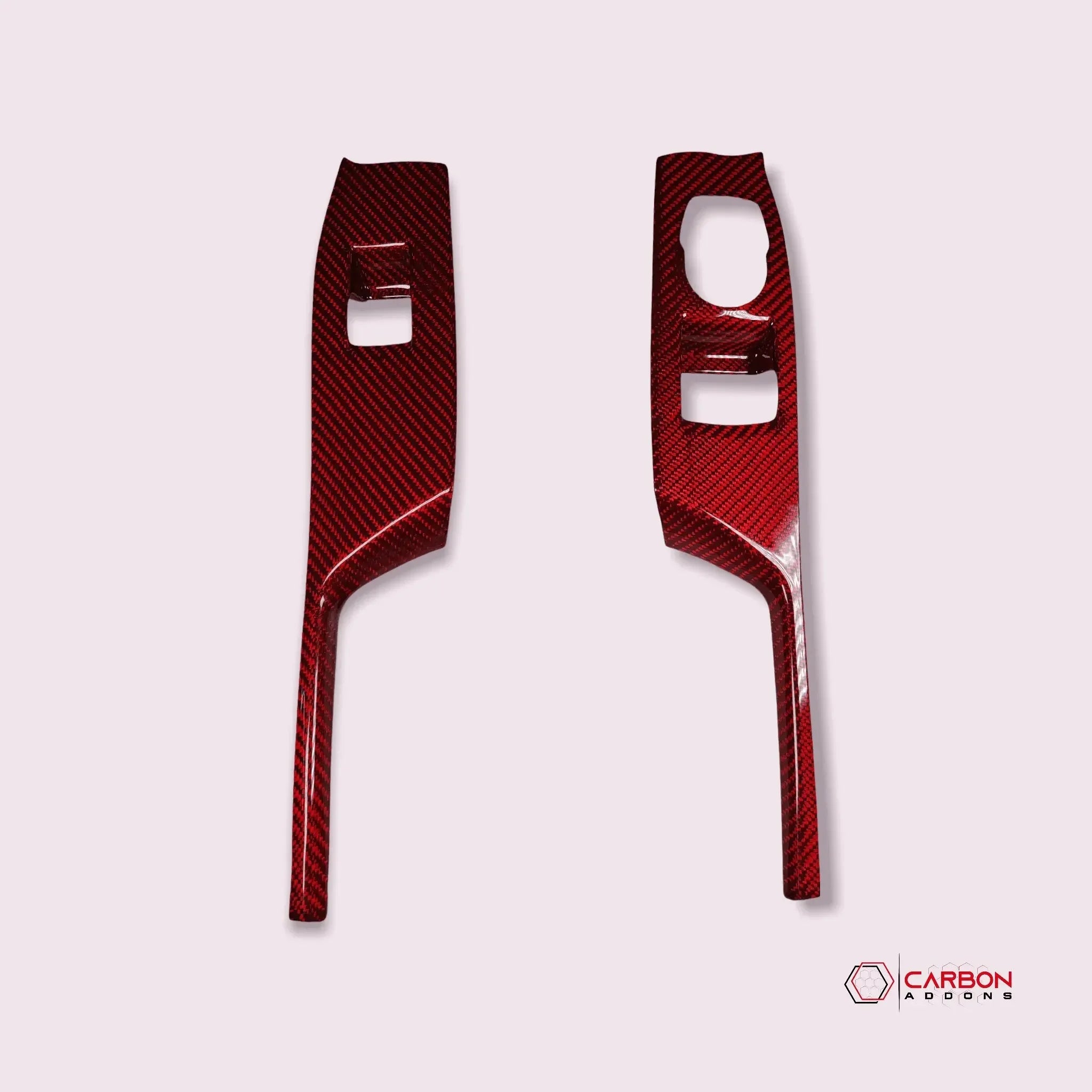 Red carbon fiber interior trim panels for American muscle cars, glossy finish, precise cutouts