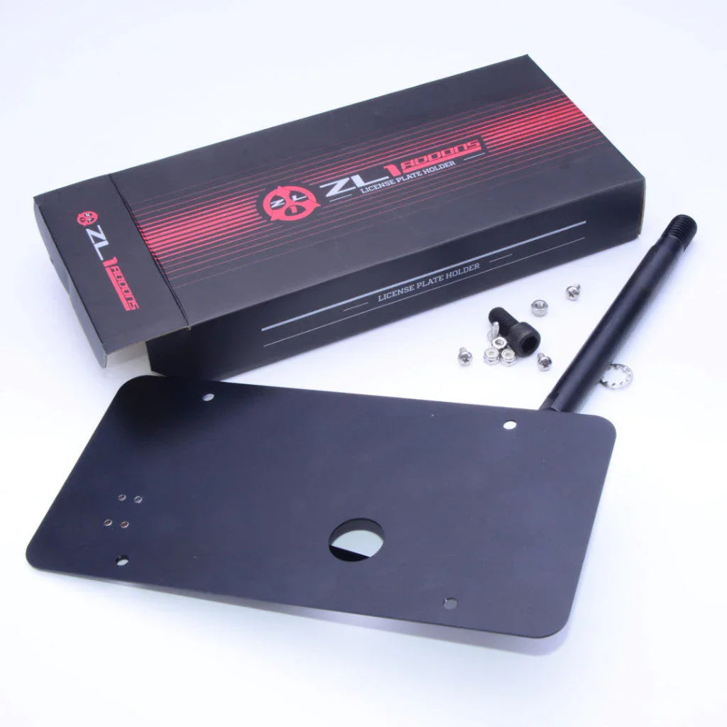 Black license plate holder with mounting hardware and ZL Racing box on a white background