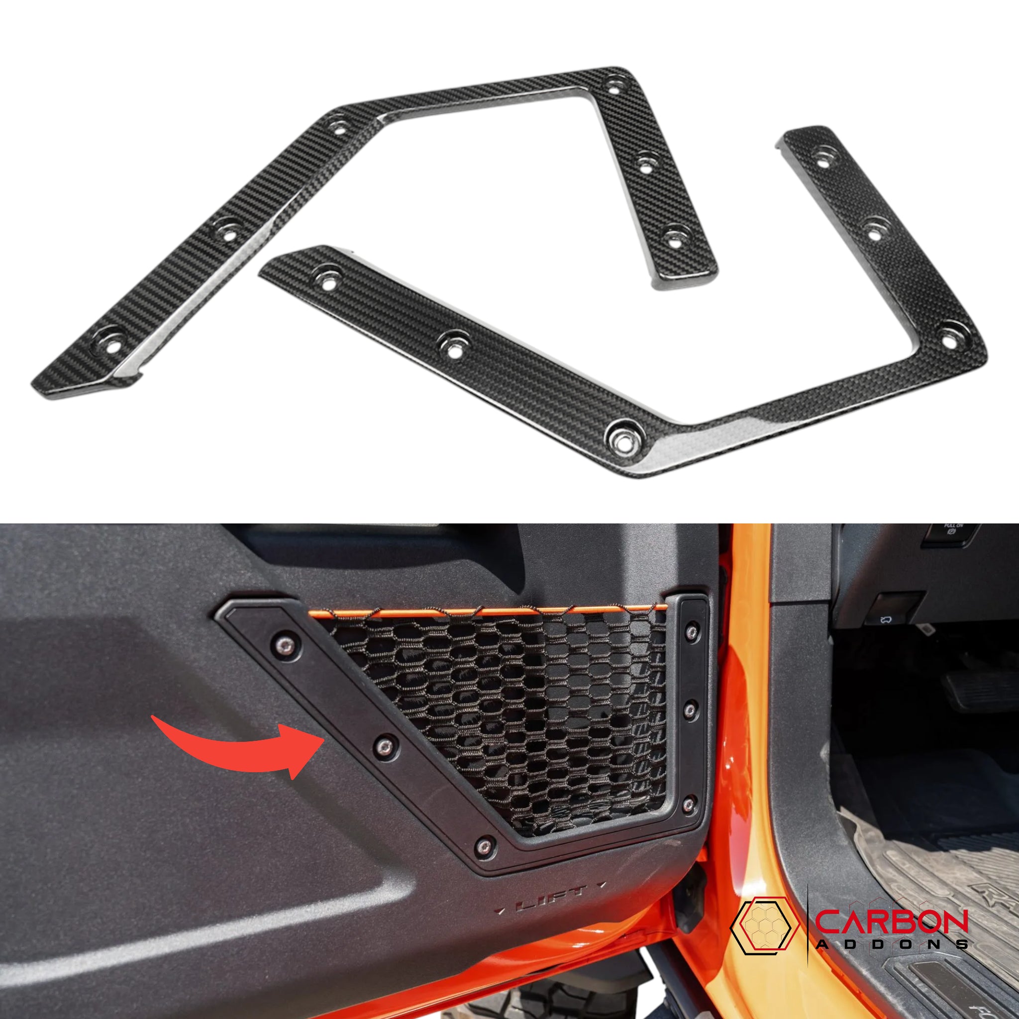 2021–2025 Ford Bronco Front Door Storage Pocket Net Carbon Fiber Frame | Direct Replacement