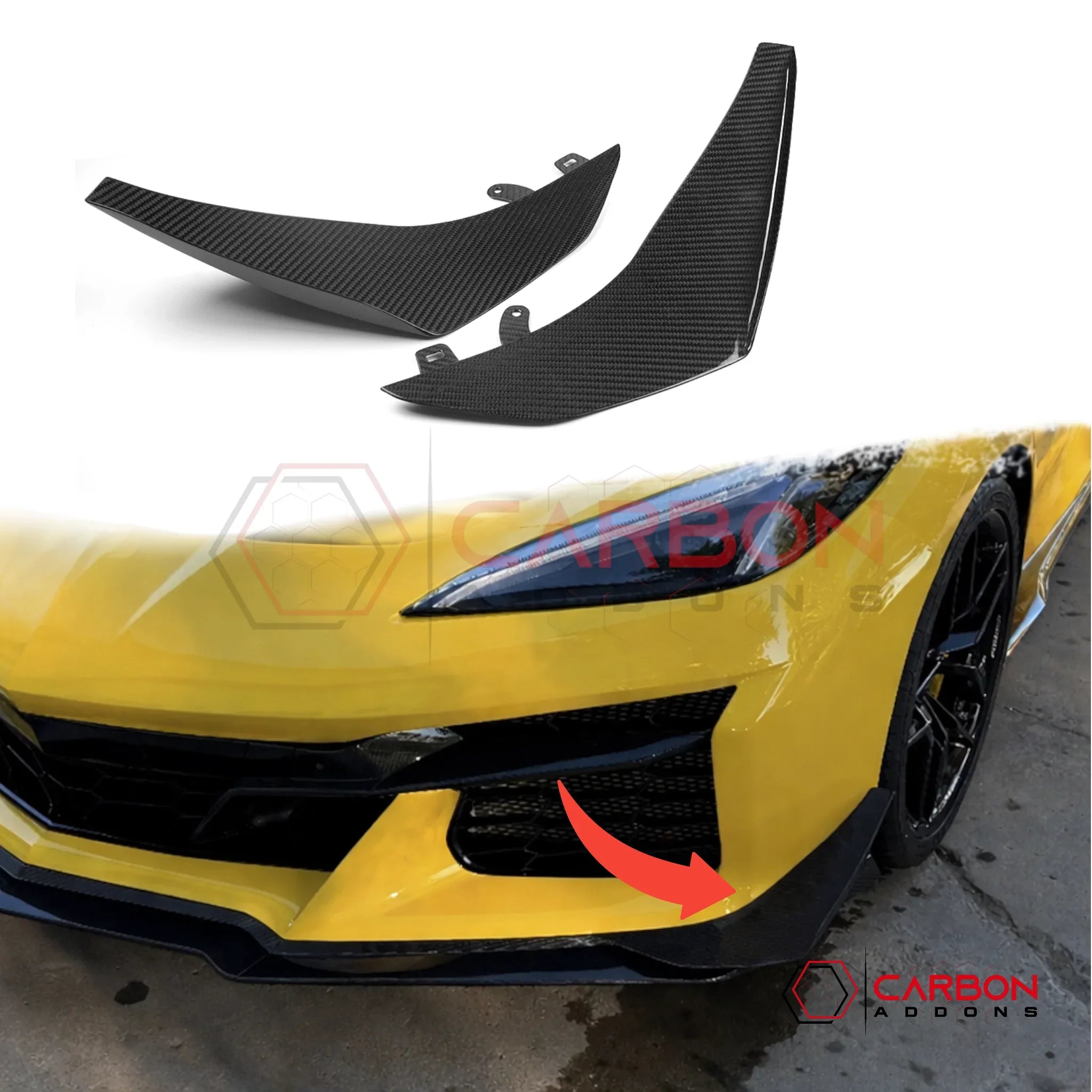 2023–2026 Corvette C8 Z06 & E-Ray Z07-Style Carbon Fiber Front Canards – Adhesive Mount (No Drilling Required)