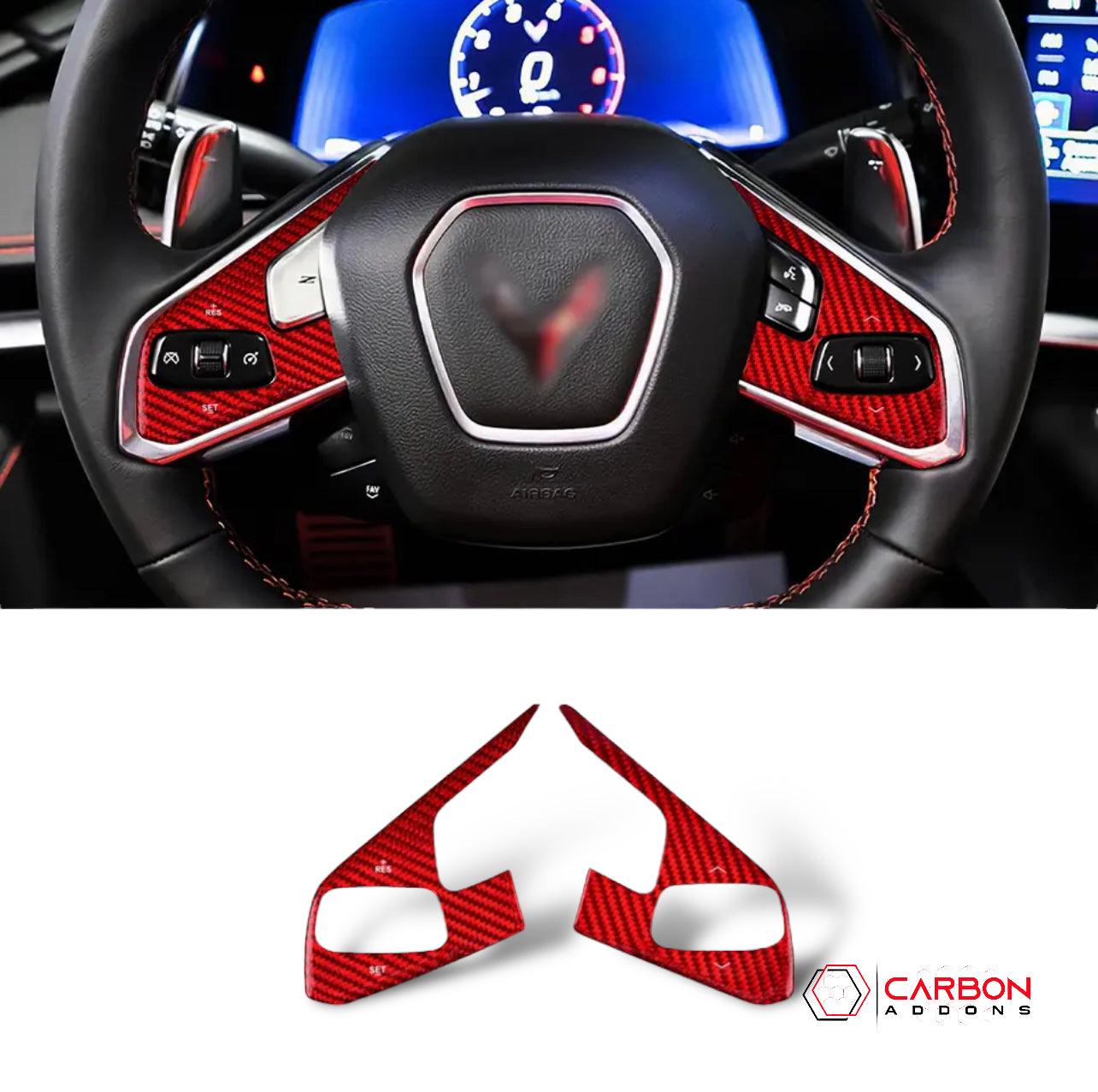 [2pcs] C8 Corvette Carbon Fiber Steering Wheel Button Trim Cover - carbonaddons Carbon Fiber Parts, Accessories, Upgrades, Mods