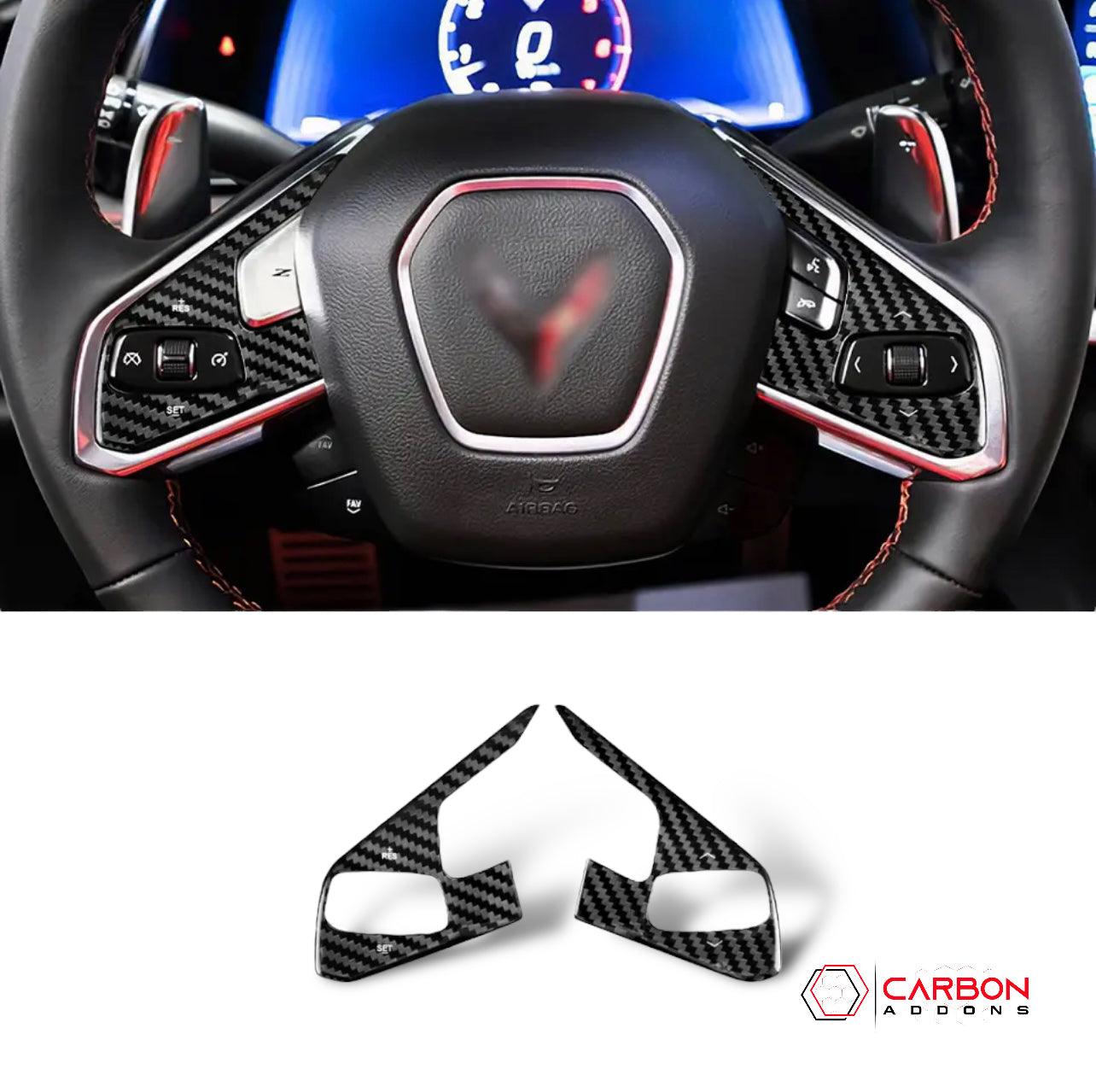 [2pcs] C8 Corvette Carbon Fiber Steering Wheel Button Trim Cover - carbonaddons Carbon Fiber Parts, Accessories, Upgrades, Mods