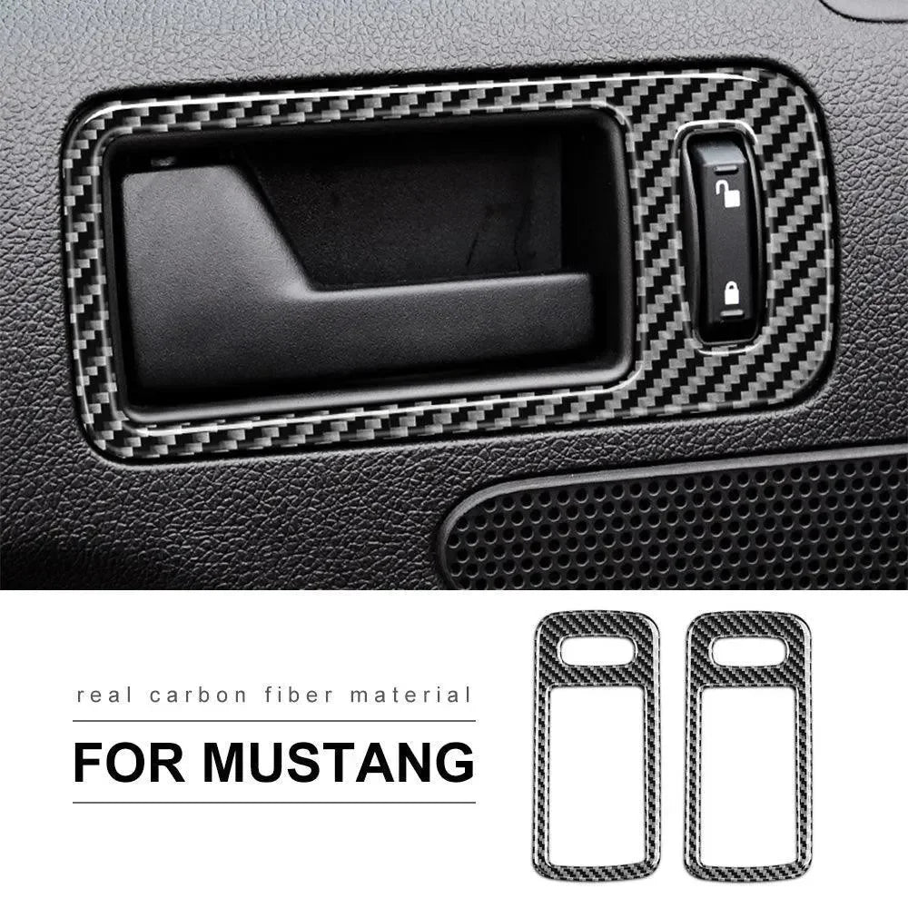 Real carbon fiber door handle trim for Ford Mustang interior, sleek black weave design