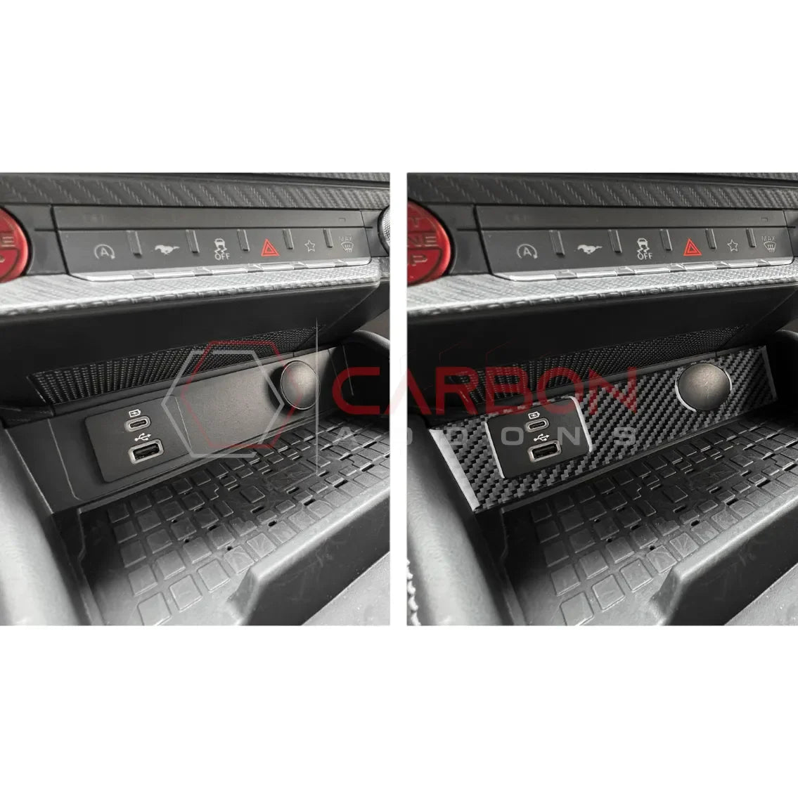 Real Carbon Fiber USB & 12V Outlet Trim Overlay for 2024+ Ford Mustang