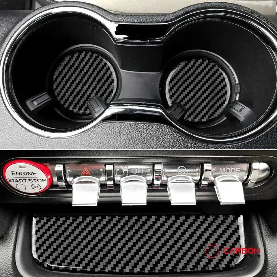 Real carbon fiber cup holder inserts and console trim for American muscle cars, enhancing interior style with sleek, durable accents.