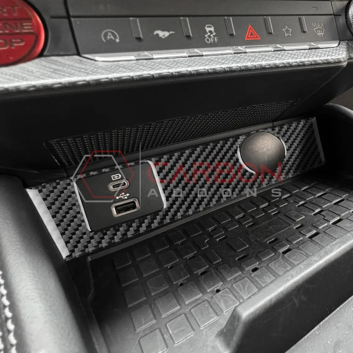 Real Carbon Fiber USB & 12V Outlet Trim Overlay for 2024+ Ford Mustang