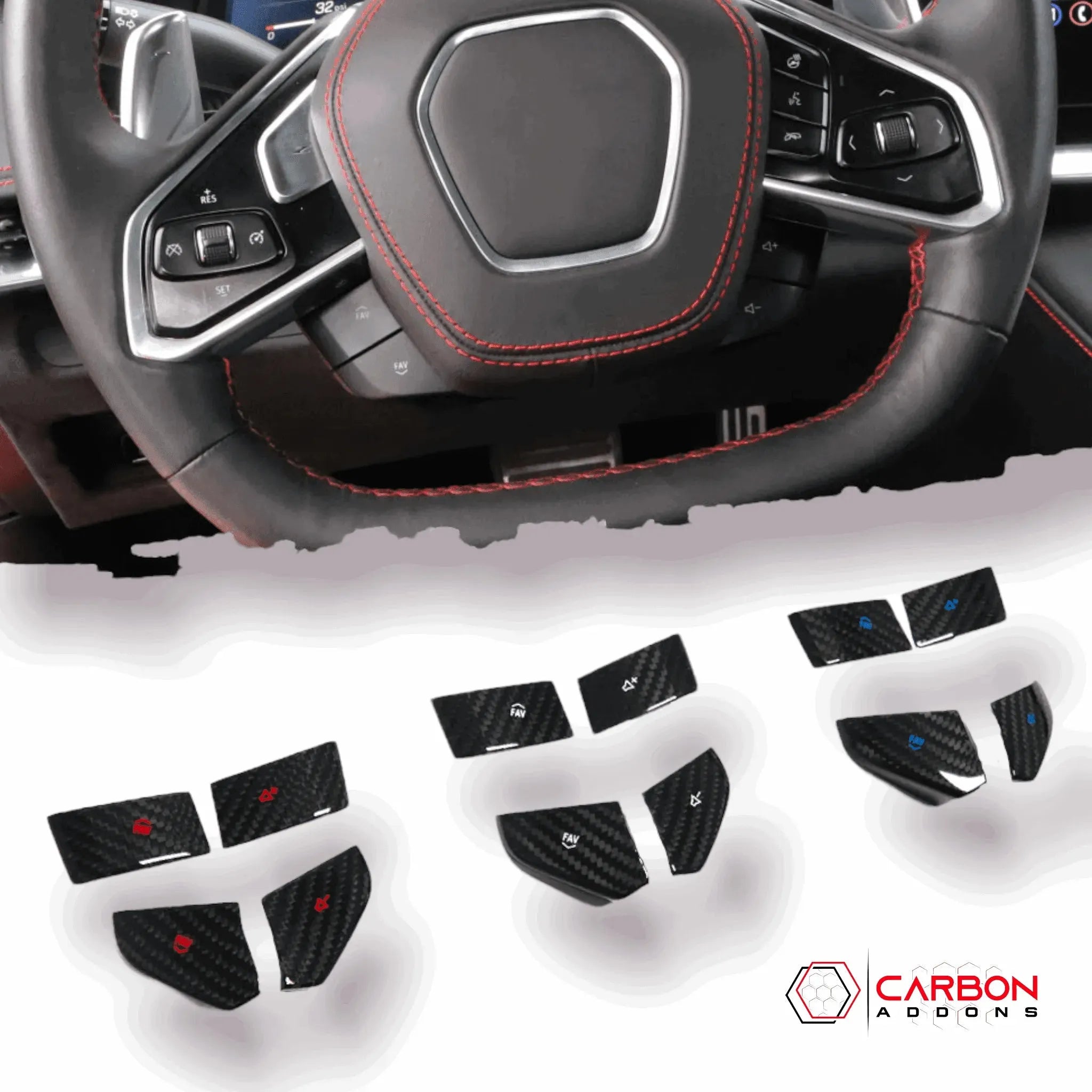 4pcs Carbon Fiber Steering Wheel Volume Button Covers | Chevy C8 Corvette - carbonaddons Carbon Fiber Parts, Accessories, Upgrades, Mods