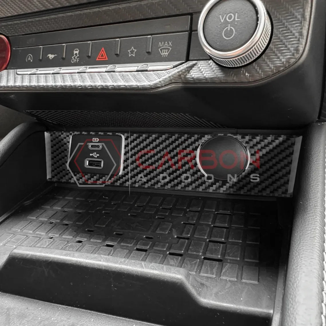 Real Carbon Fiber USB & 12V Outlet Trim Overlay for 2024+ Ford Mustang