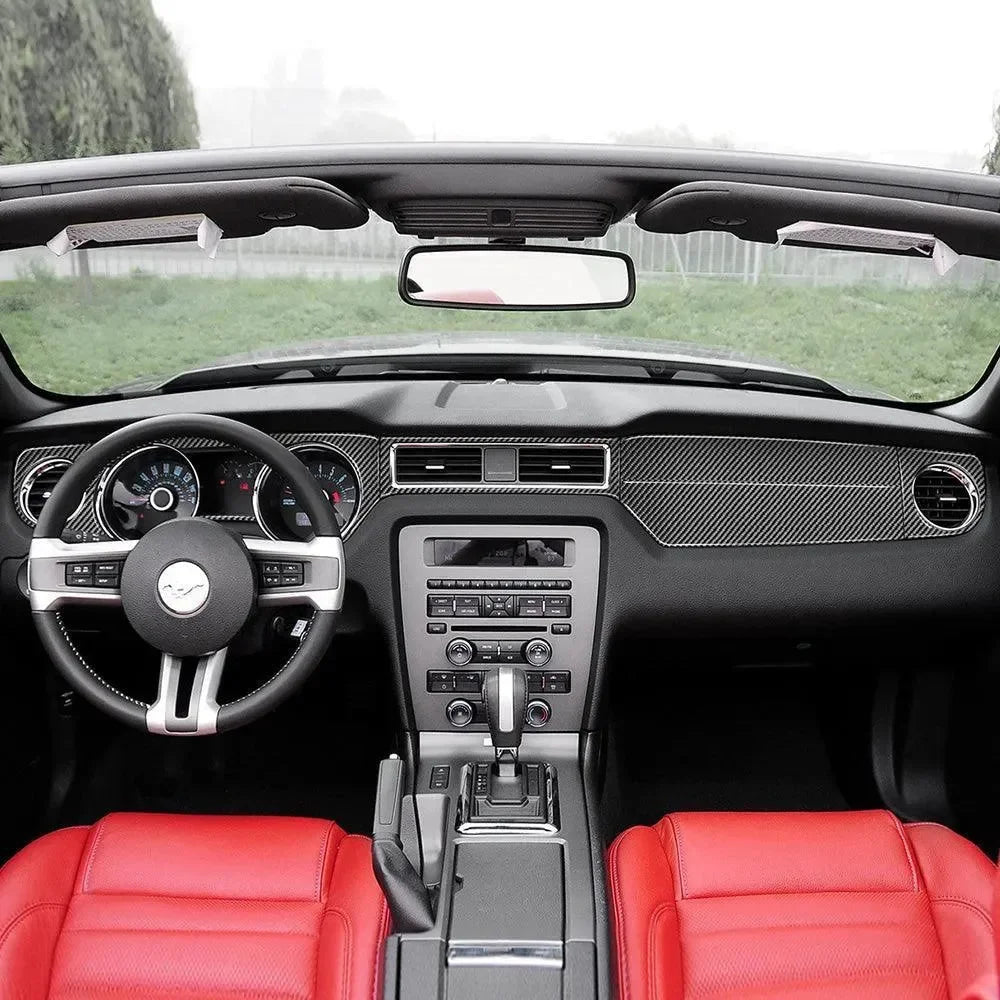 Ford Mustang interior with real carbon fiber dashboard trim and red leather seats