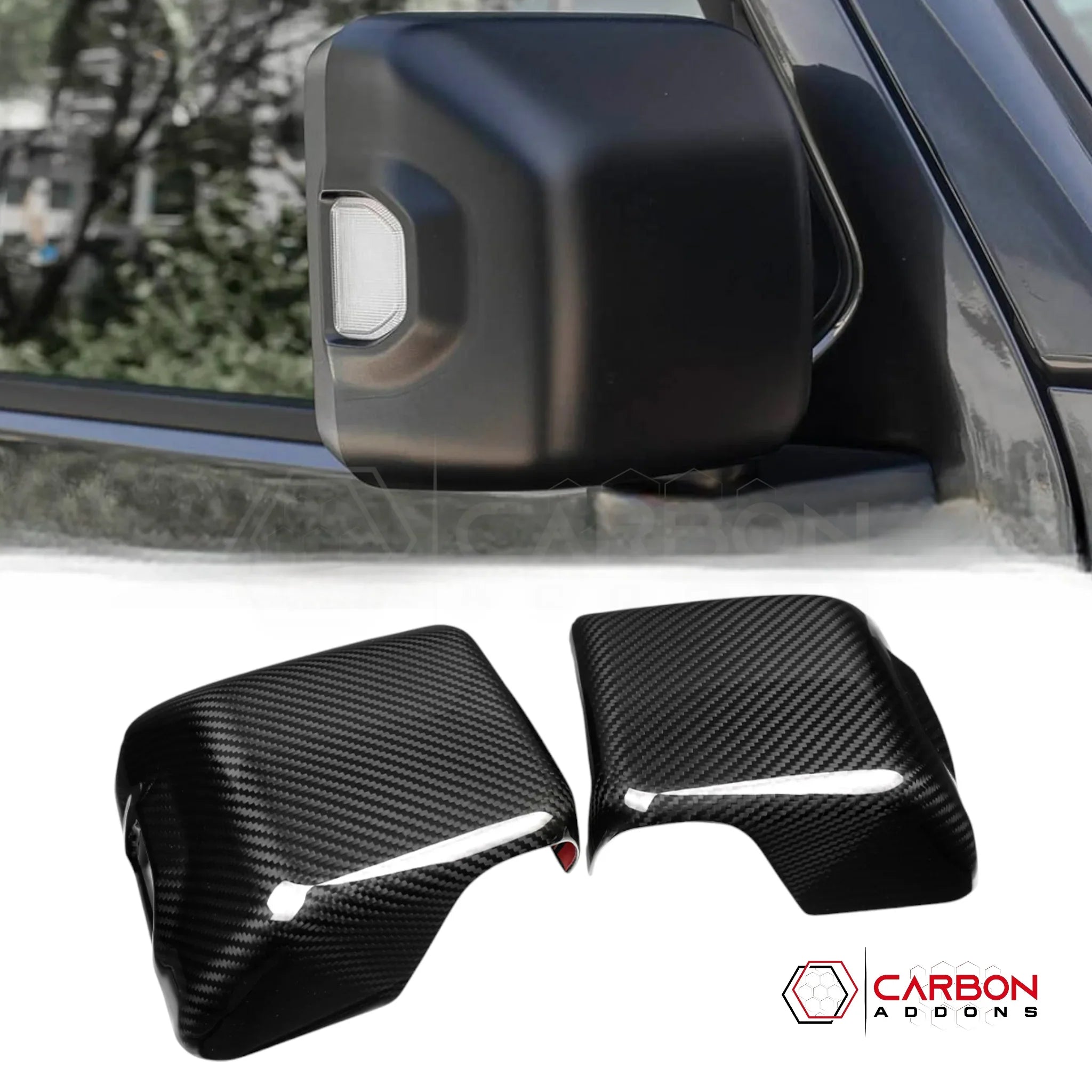 Jeep Gladiator JT & Wrangler JL Side View Mirror Covers (With or Without Light) – Real Dry Carbon Fiber (Glossy or Matte) 2020–Current