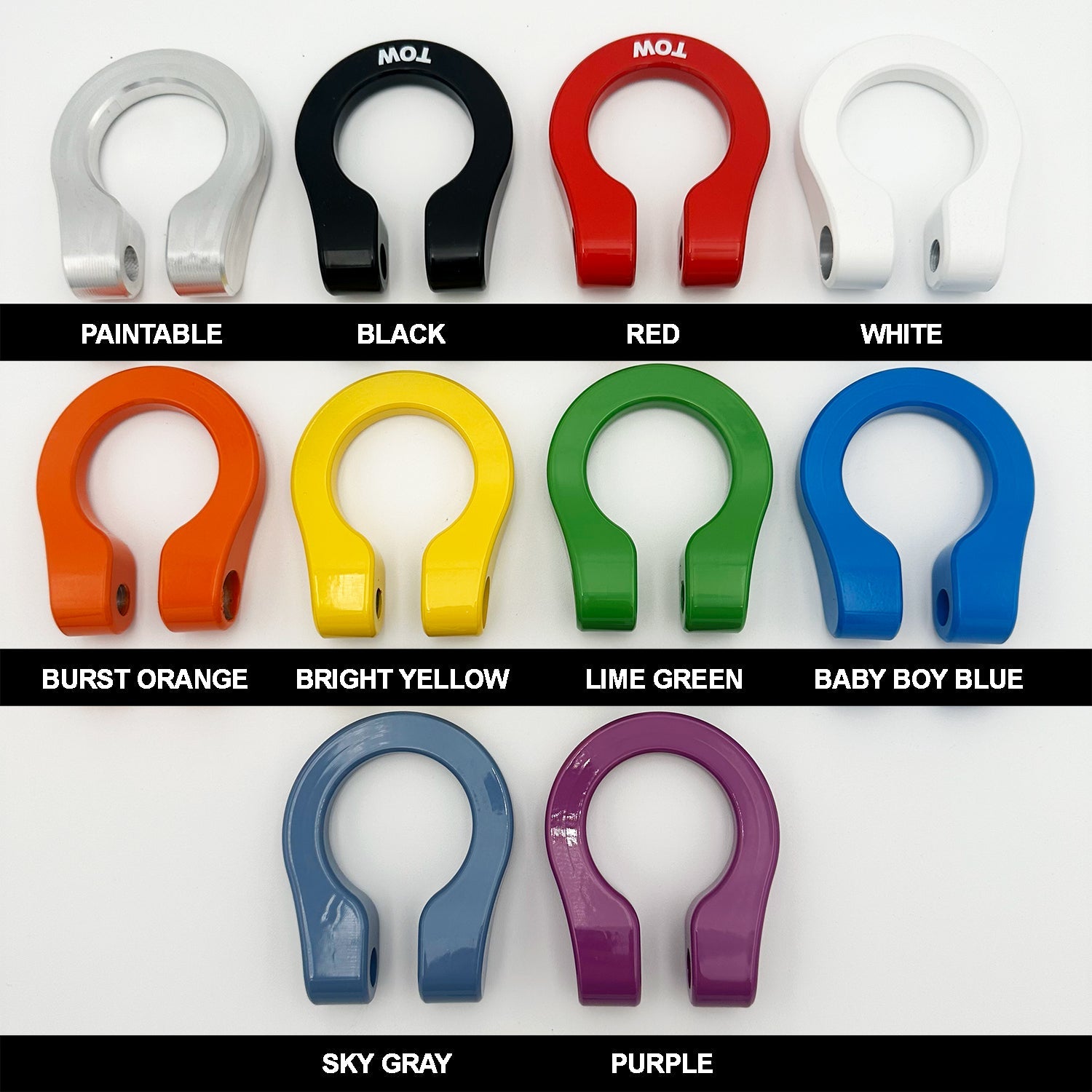 Color swatch of various colored towing hooks on a white background