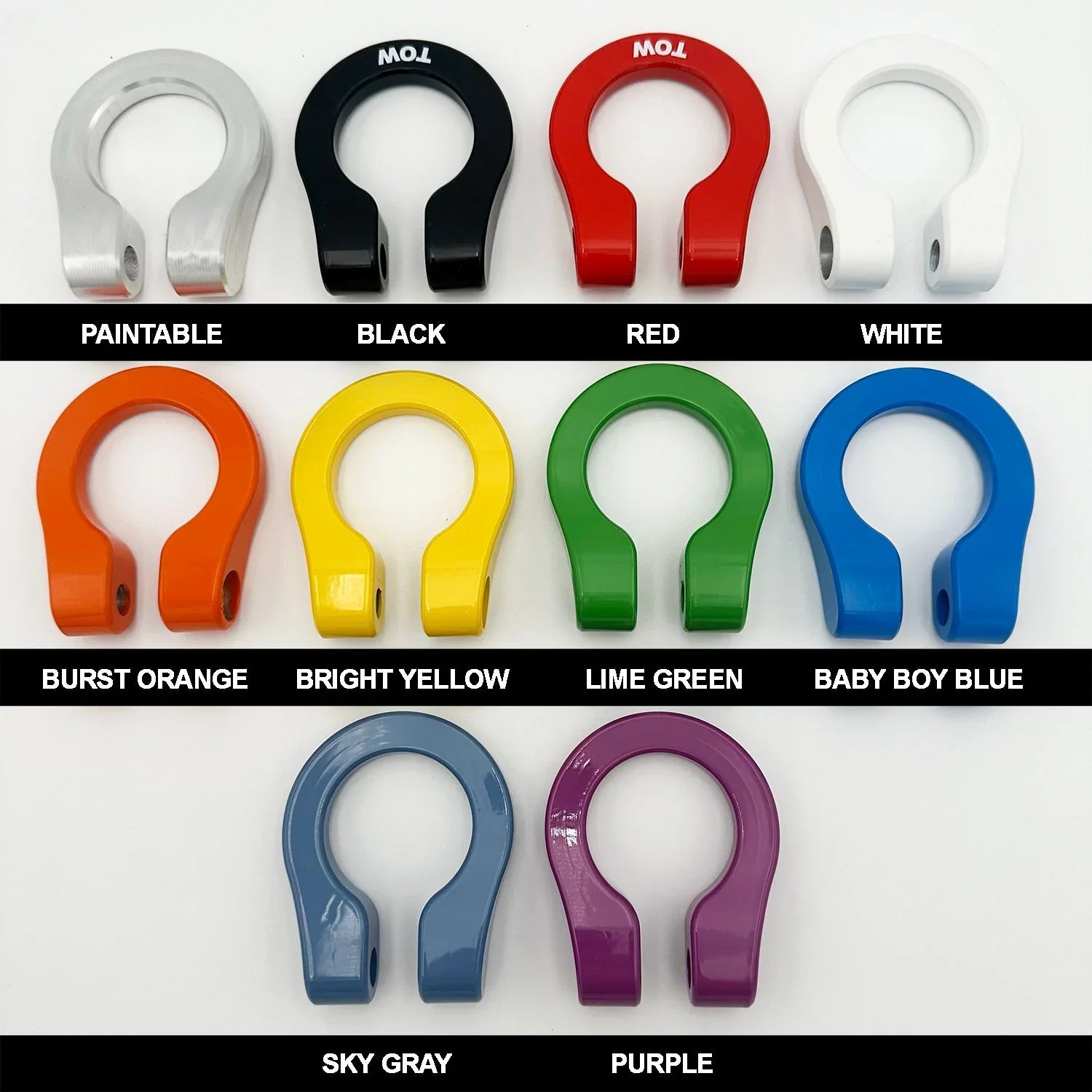 Color swatch of various colored towing hooks on a white background