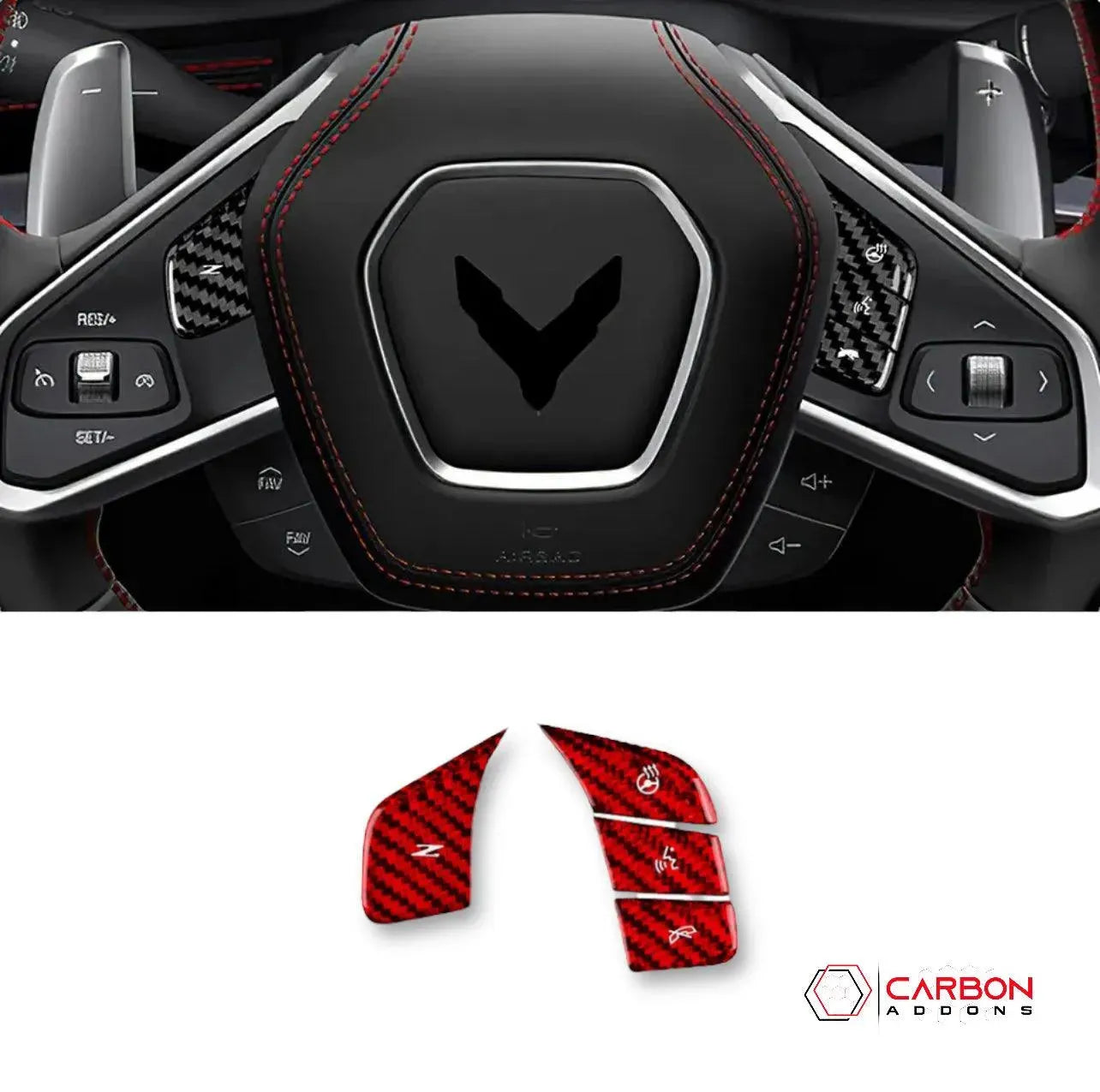 C8 Corvette Carbon Fiber Heated and Non Heated Steering Wheel Button Covers - carbonaddons Carbon Fiber Parts, Accessories, Upgrades, Mods