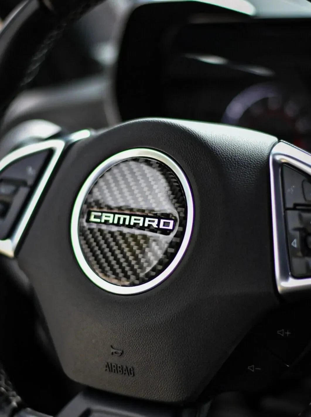 Camaro 2016-2024 Carbon Fiber Steering Wheel Airbag Center Overlay - carbonaddons Carbon Fiber Parts, Accessories, Upgrades, Mods
