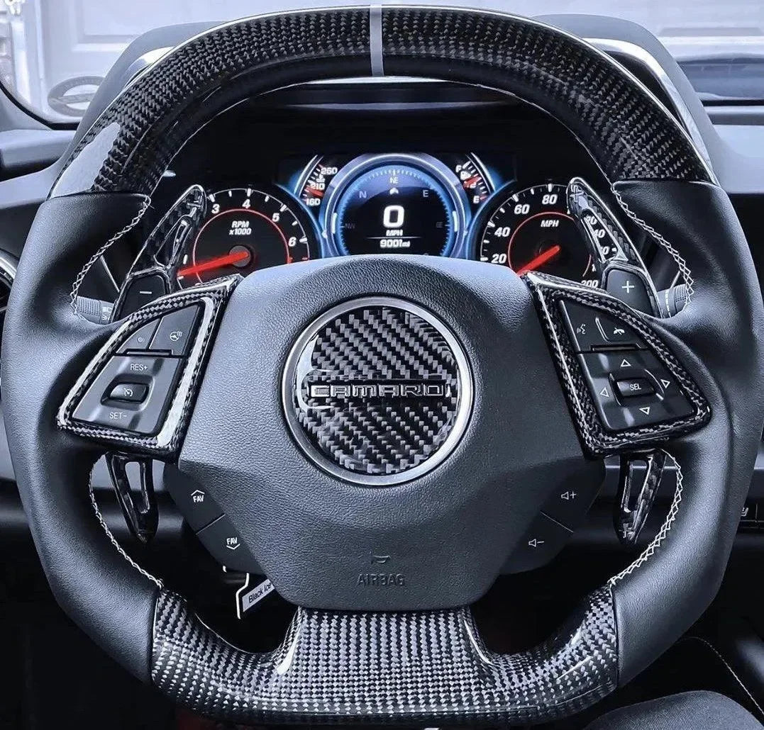 Carbon fiber steering wheel for Chevy Camaro with real carbon fiber accents and controls