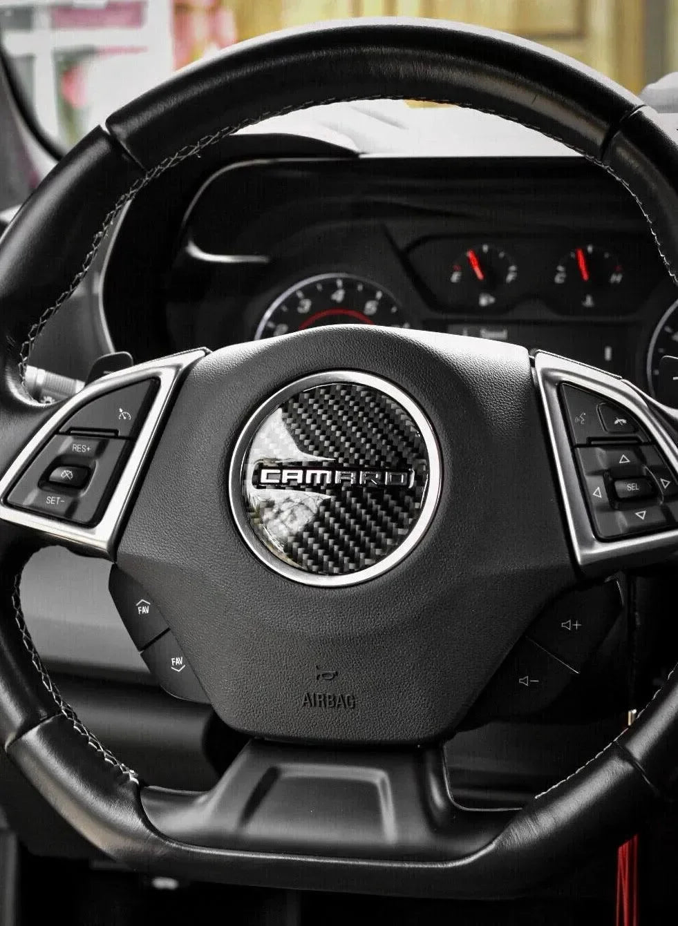 Carbon fiber Camaro steering wheel with real carbon fiber center and leather stitching