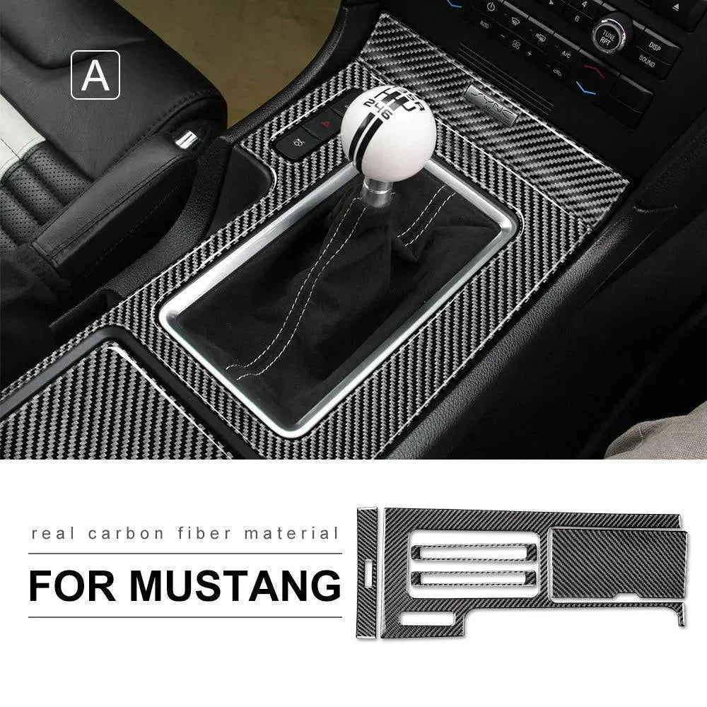 Real carbon fiber interior trim for Ford Mustang, featuring gear shift panel and vent accents