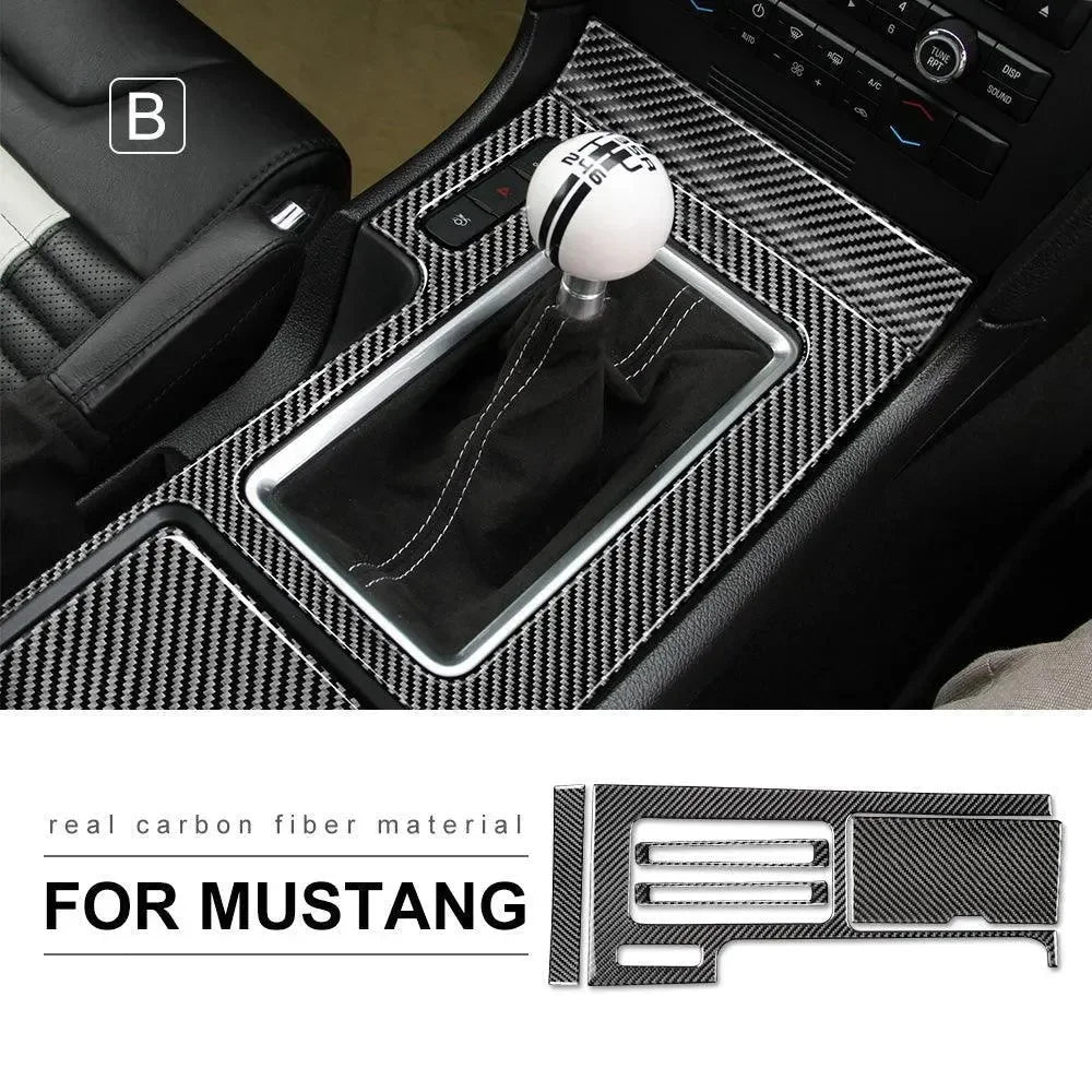Real carbon fiber interior trim for Ford Mustang, featuring gear shift surround and center console accents.