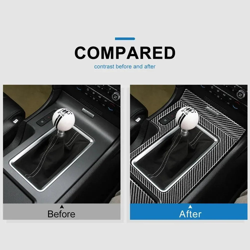 Carbon fiber gear shift trim upgrade before and after comparison for American muscle cars
