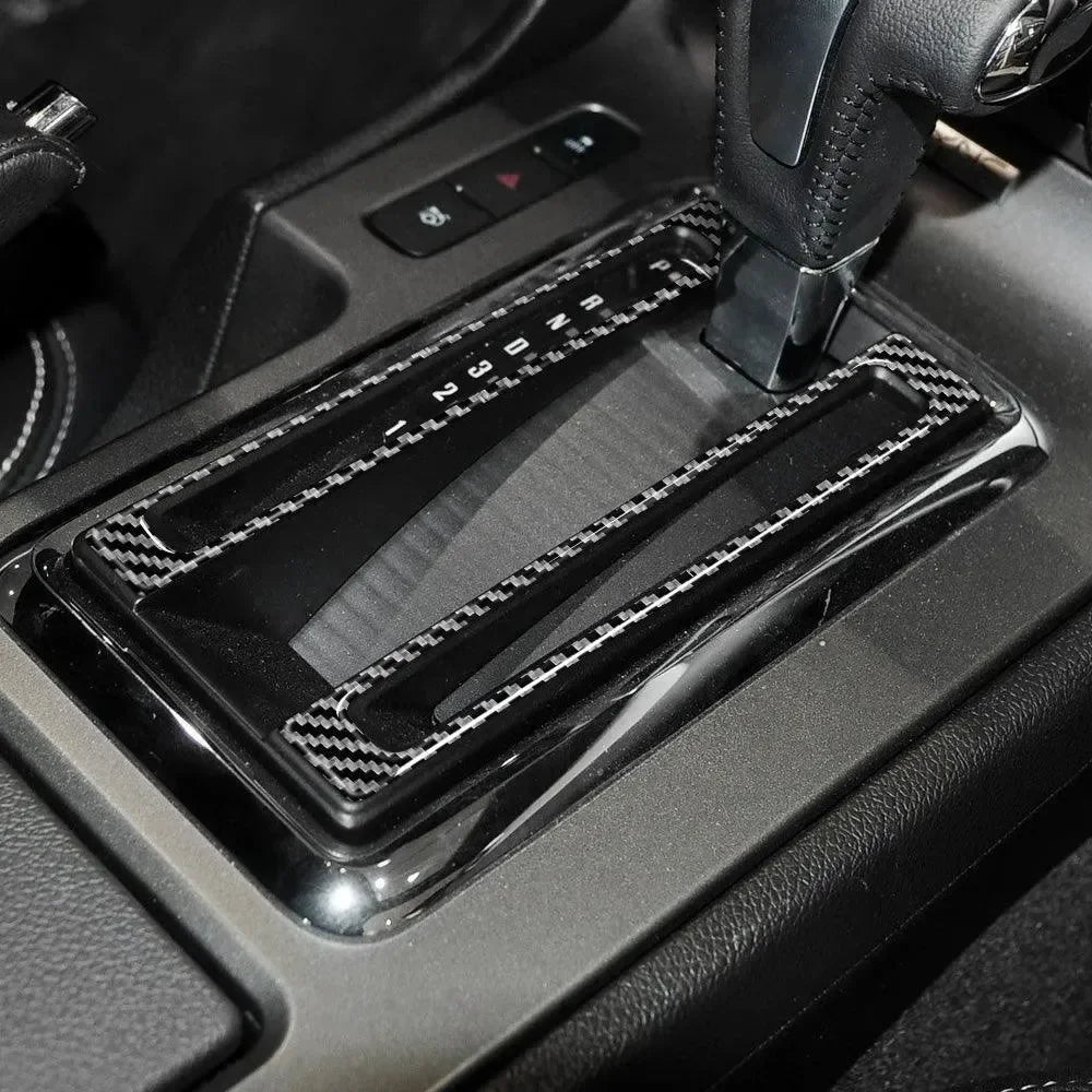 Real carbon fiber gear shift trim for American vehicles, sleek black interior accent with P R N D 2 1 markings