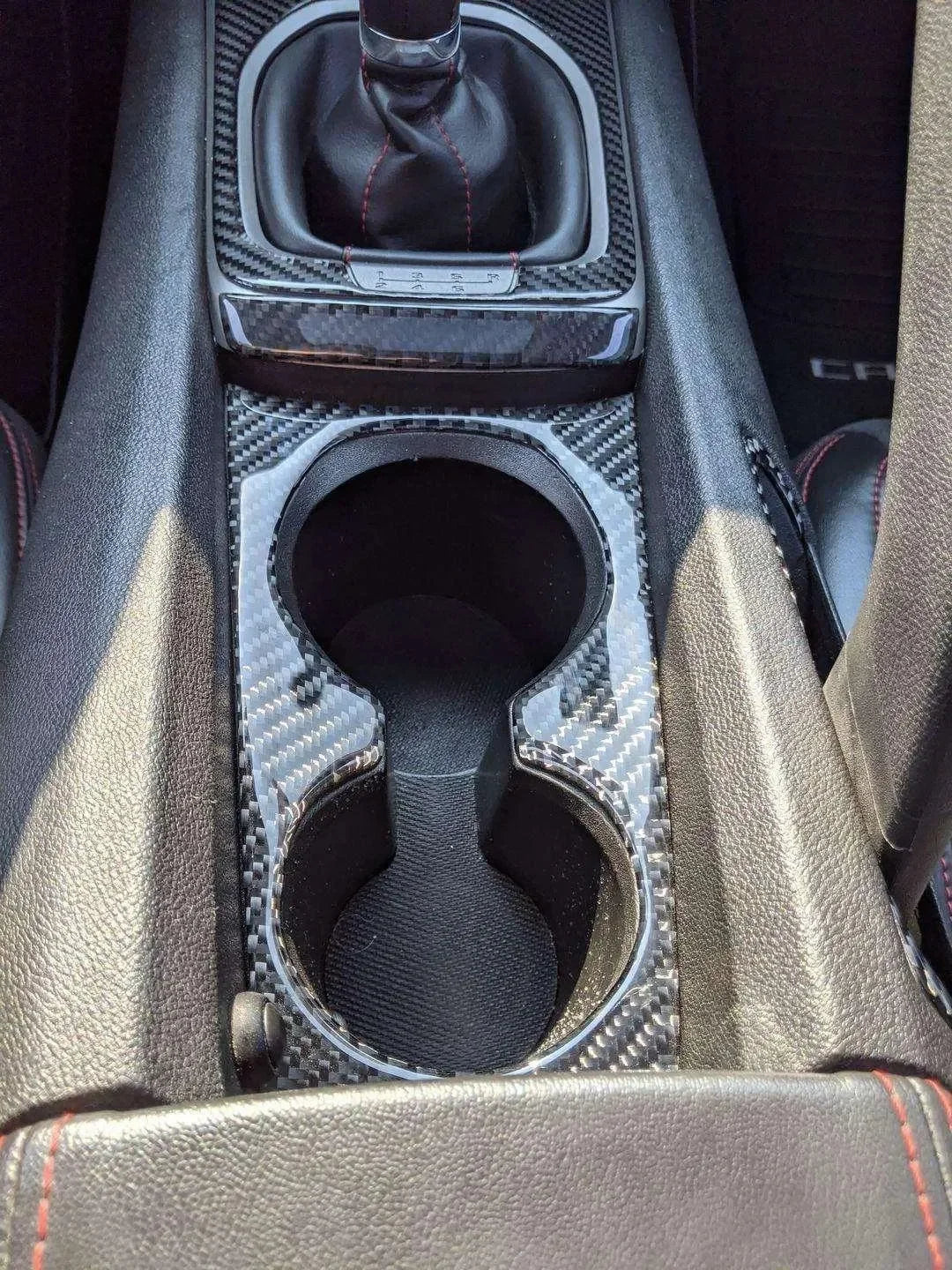 Real carbon fiber center console trim with cup holders for American muscle cars