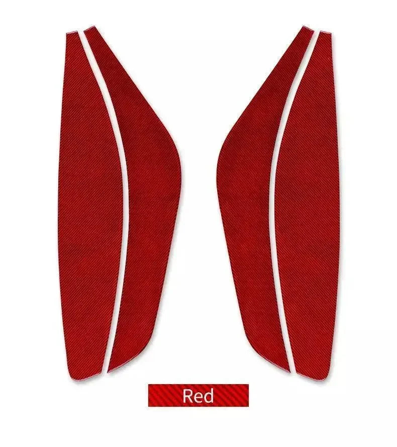 Red carbon fiber car interior trim pieces with white accent lines for Chevy, Ford, Dodge vehicles