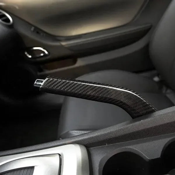 Real carbon fiber handbrake cover for American vehicles, sleek black weave design