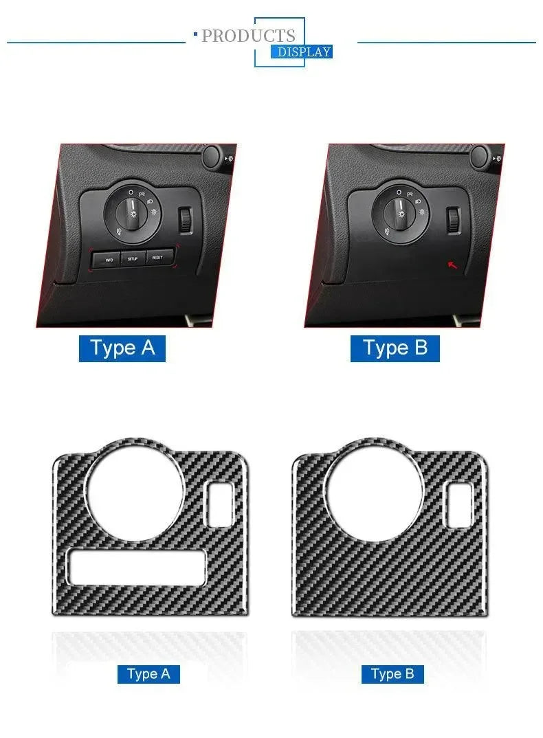 Carbon fiber trim for vehicle light controls, Type A and B designs shown installed and as overlays